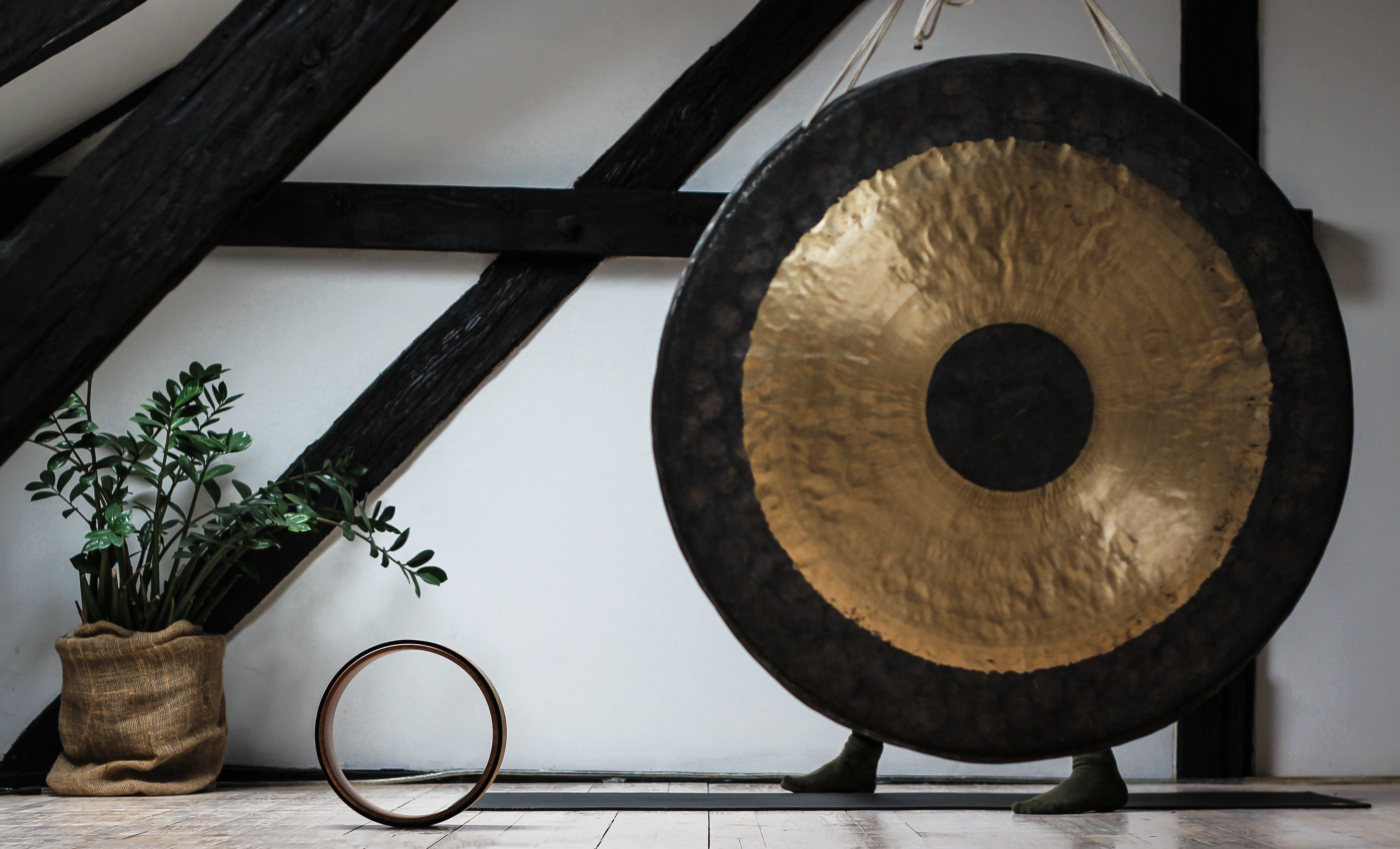 still life, arts culture and entertainment, yoga, shape, bell, the past, gong, nature, metal, wheel, brown, circle, music, retro styled, 4K, wood - material, HD Wallpaper