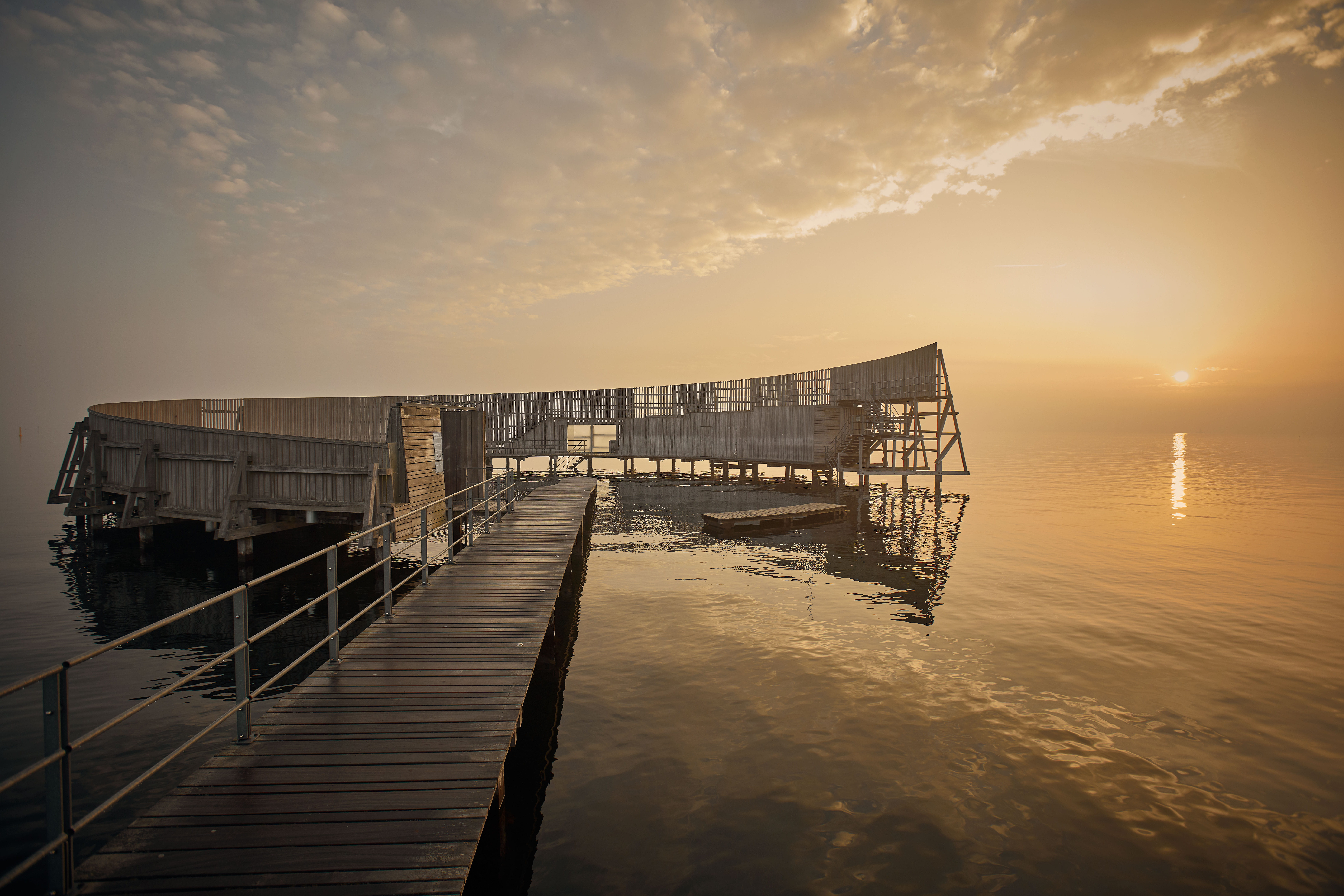 cloud - sky, 8K, dock, view, beauty in nature, water, nature, sky, sun, coast, built structure, reflection, porch, outdoors, building, no people, scenics - nature, HD Wallpaper