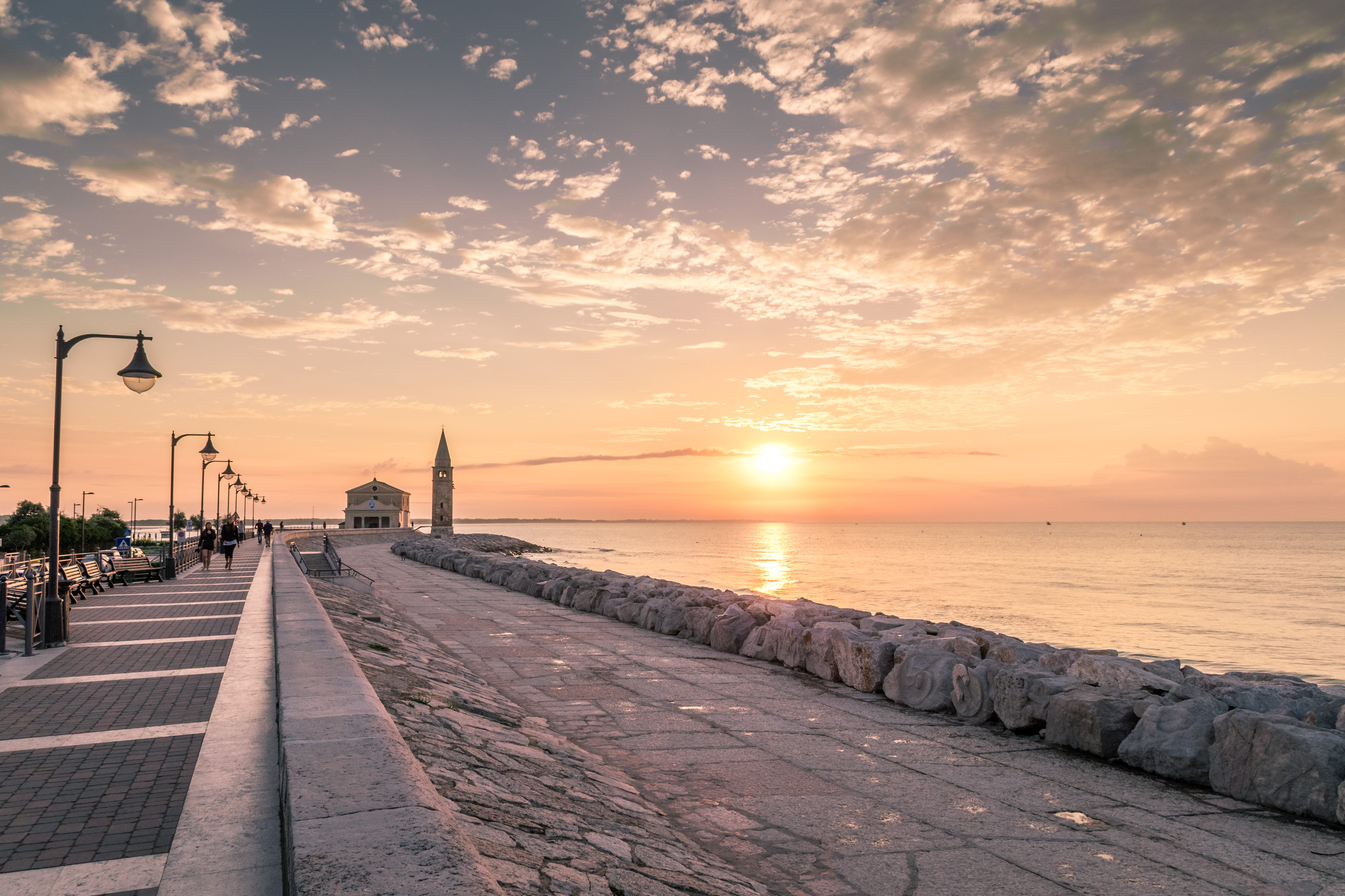 girls, beautiful, promenade, sunlight, tower, footpath, bench, street, christian, diminishing perspective, women, sun, sunset, holiday, cloud - sky, summer, HD Wallpaper