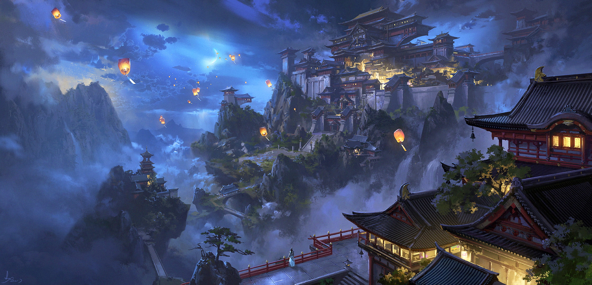 1080P, Latern, Building, Night, Mountain, Original, Anime, Landscape, HD Wallpaper