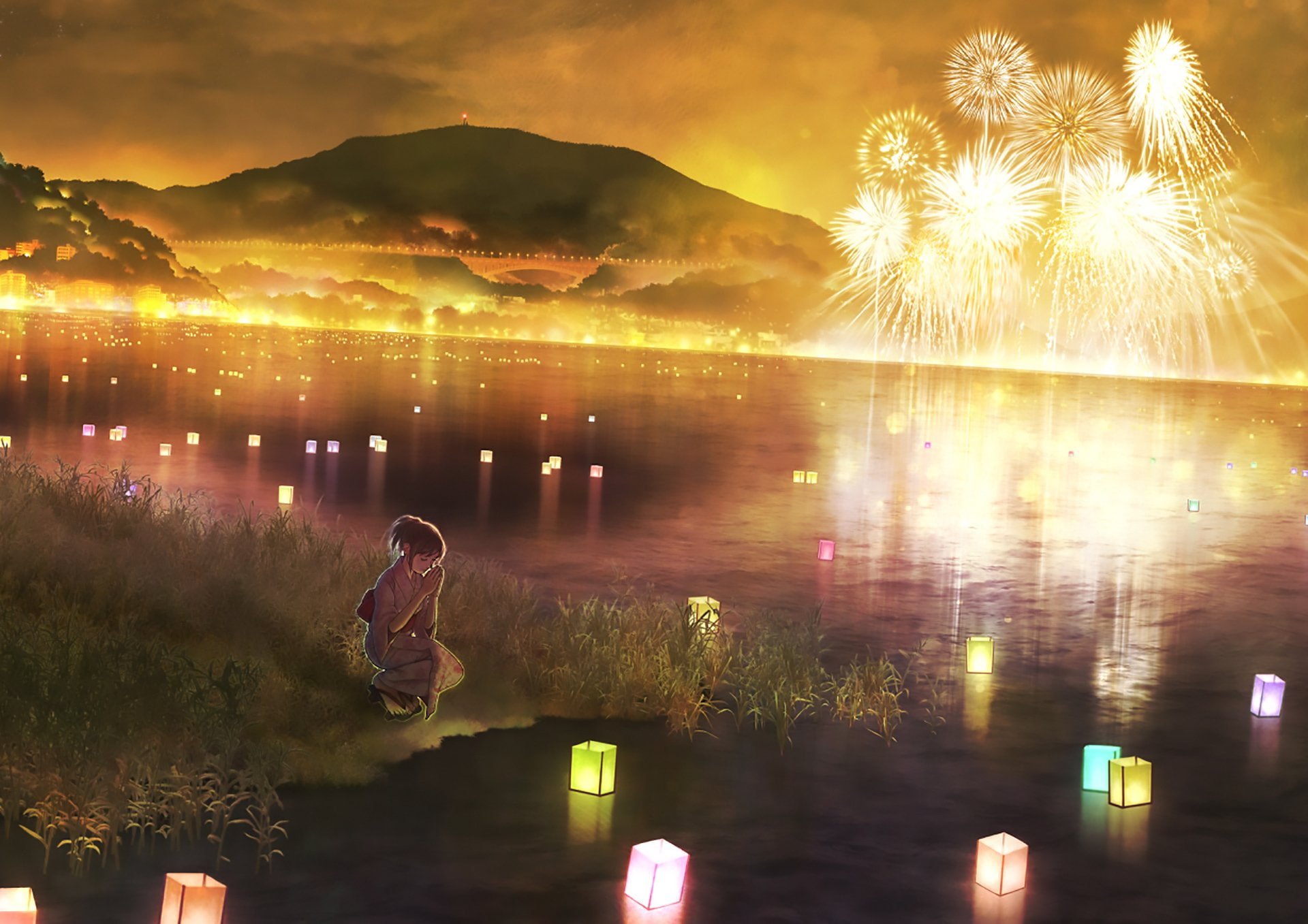 Original, Fireworks, Girl, Latern, Night, 1080P, Anime, HD Wallpaper
