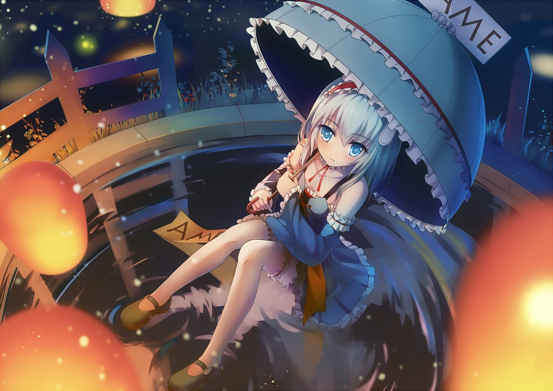 Dress, Anime, Blue Eyes, Umbrella, Girl, White Hair, 1080P, Original, Latern, HD Wallpaper