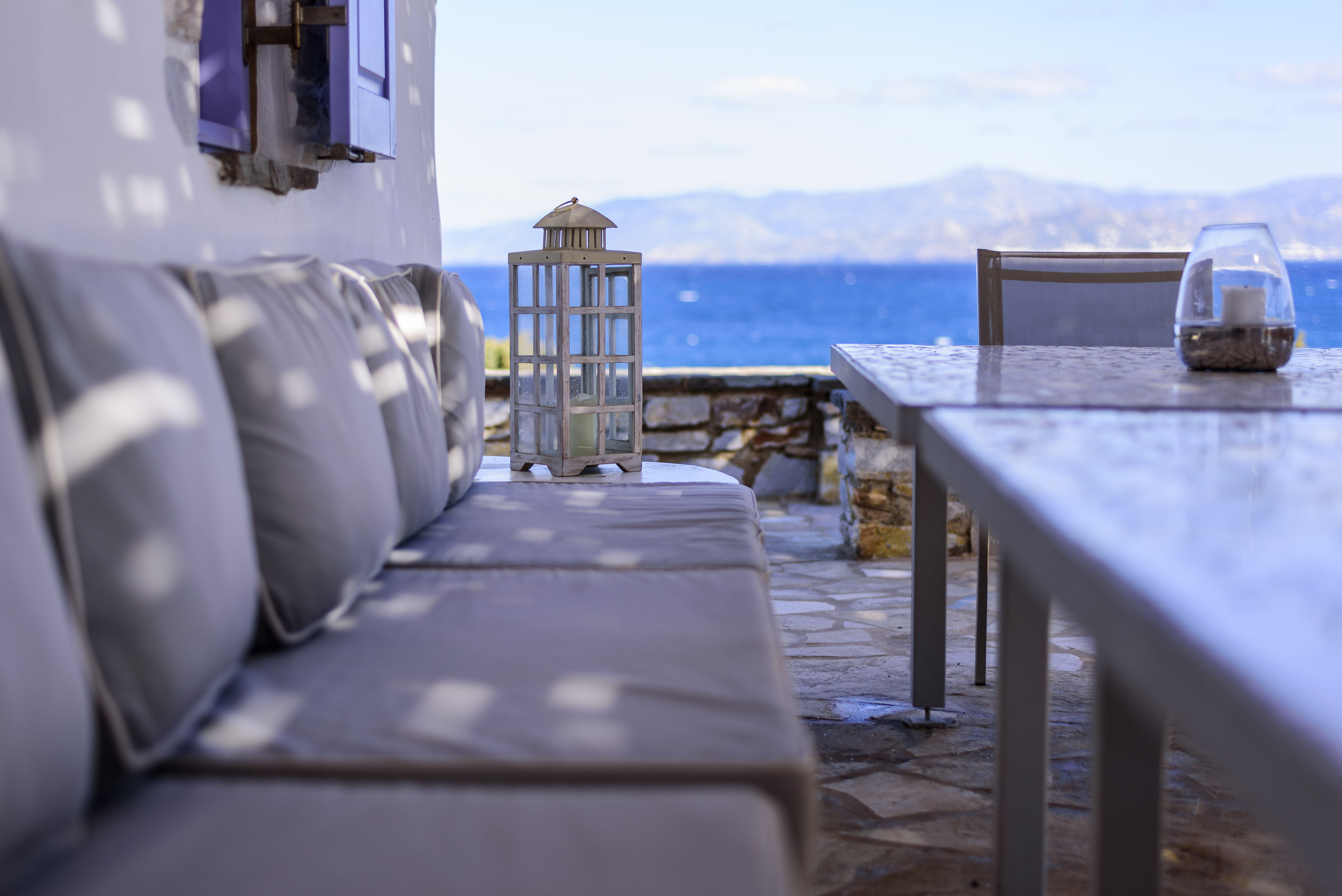 greece, blue, cloud - sky, lantern, air vehicle, transportation, seat, table, ocean, glass, travel, outdoors, nature, sunlight, relaxing, sofa, candle, HD Wallpaper