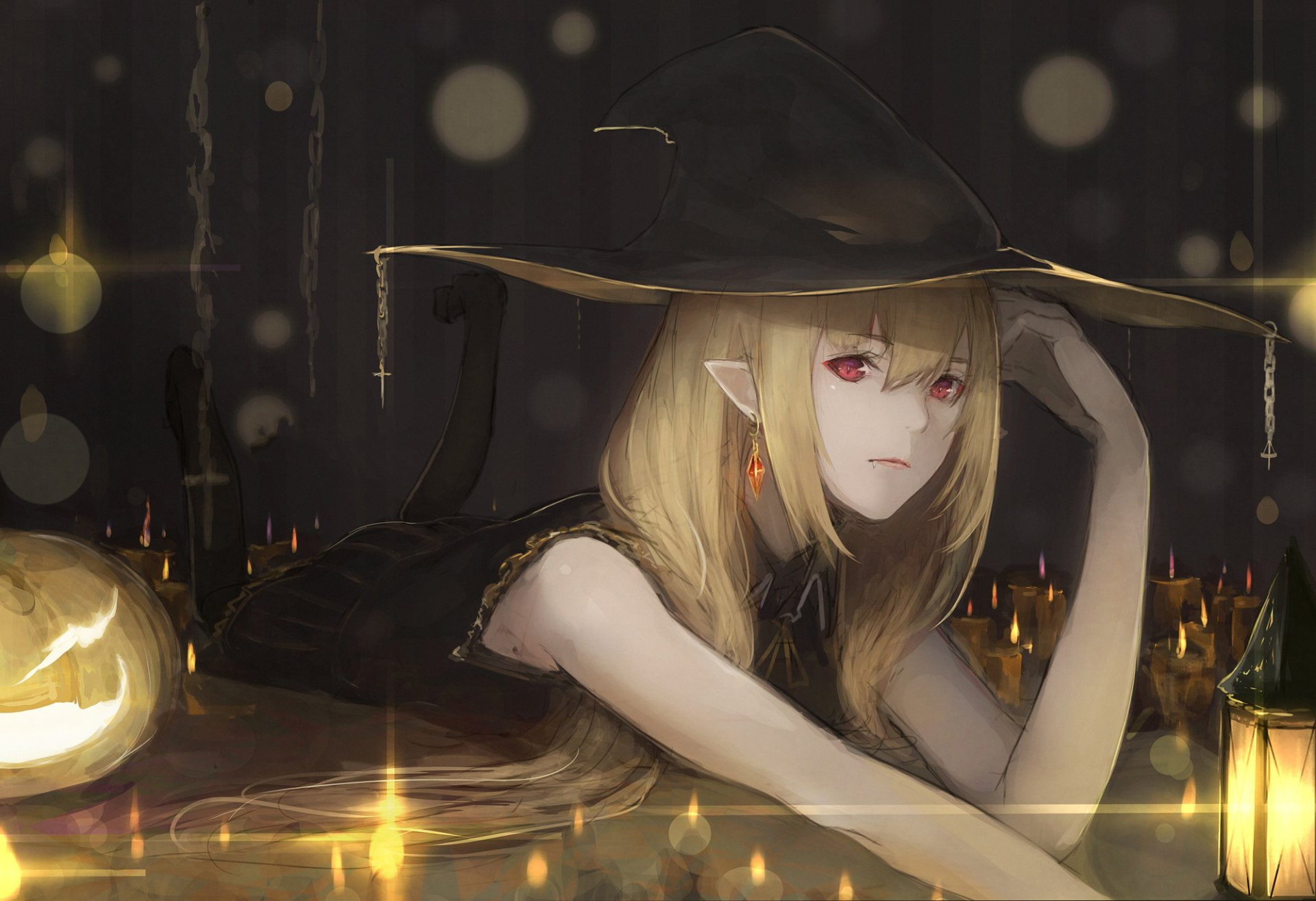 Halloween, Pointed Ears, Girl, Anime, Blonde, Original, Witch Hat, Latern, Pumpkin, 1080P, Red Eyes, HD Wallpaper