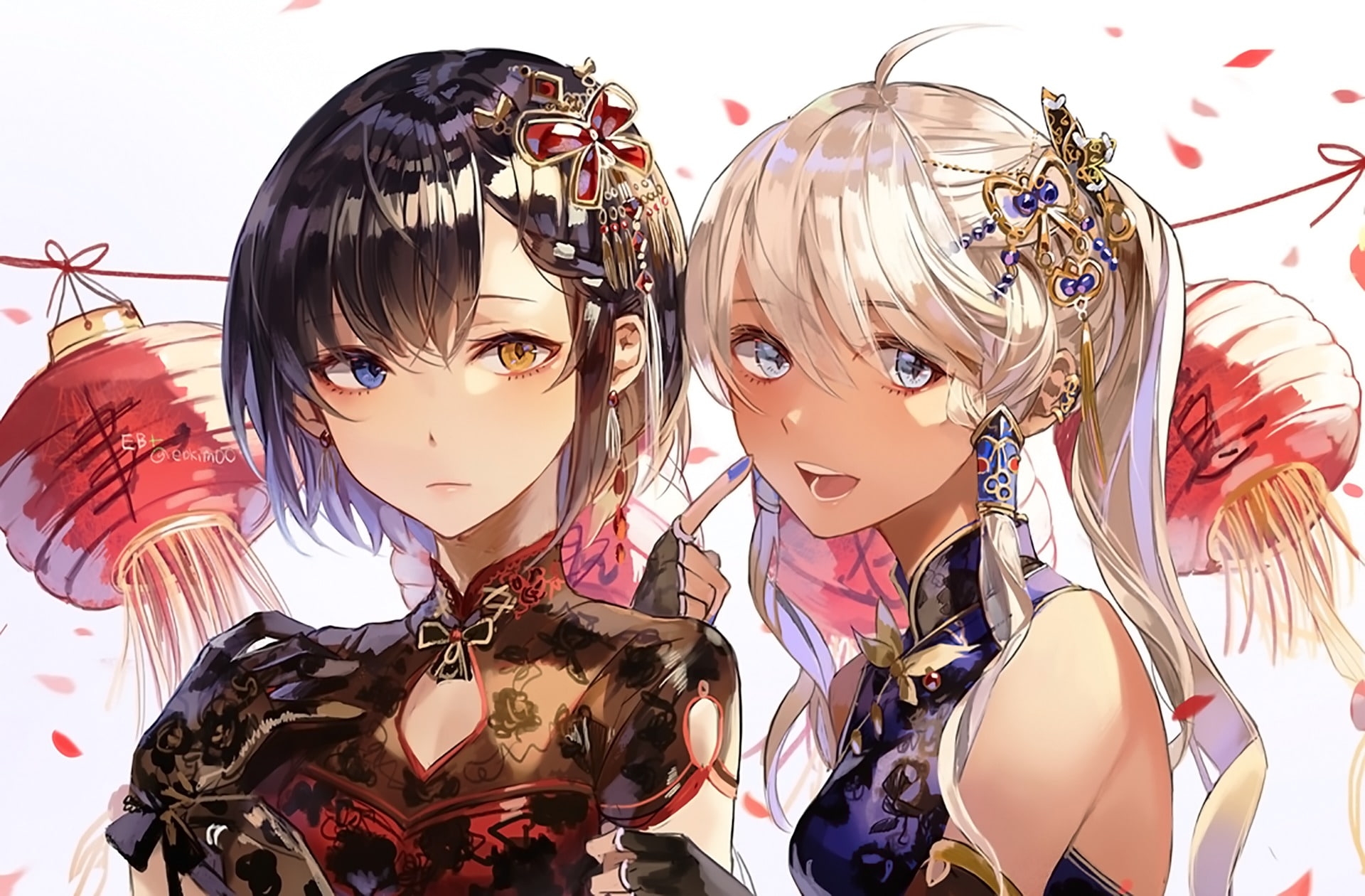 Girl, Anime, Black Hair, Latern, 1080P, Original, White Hair, HD Wallpaper