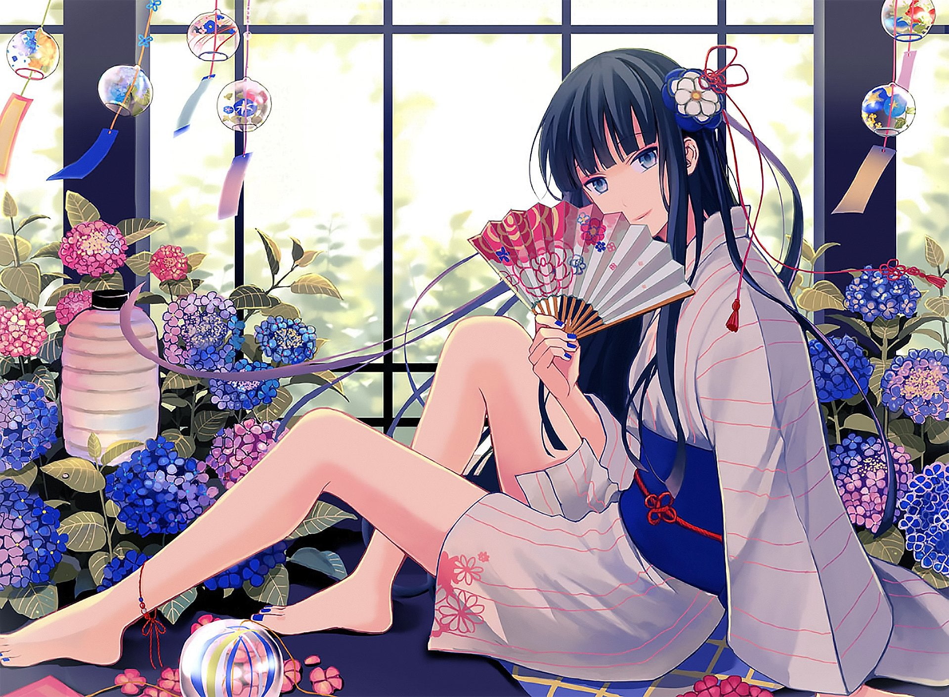 Flower, Blue Eyes, Ribbon, Long Hair, Anime, Latern, Original, Yukata, 1080P, HD Wallpaper