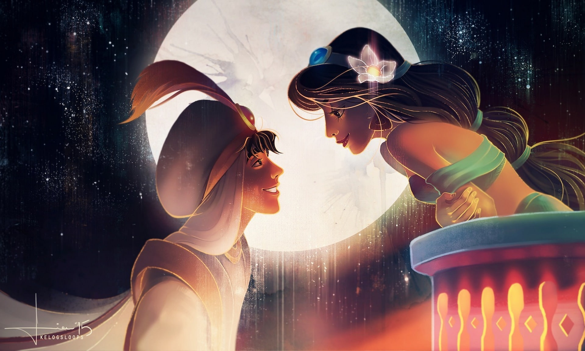 Aladdin, art, kelogsloops, the sky, jasmine, flower, smile, 1080P, the moon, guy, girl, HD Wallpaper