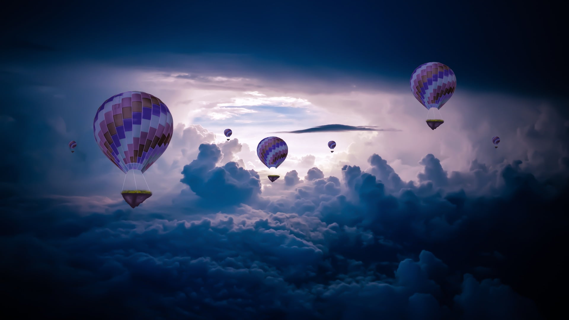 air, dark, transportation, tranquility, illuminated, red, sky, ballooning festival, air vehicle, digital composite, balloon, hot, clouds, blue, hot air balloon, HD Wallpaper