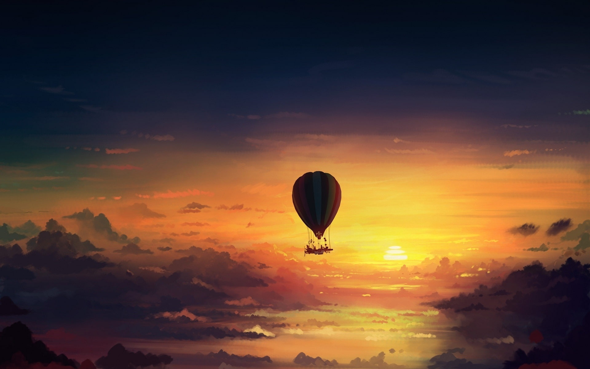 Sunset, Balloon, 1080P, Painting, Art, Hot, Air, HD Wallpaper