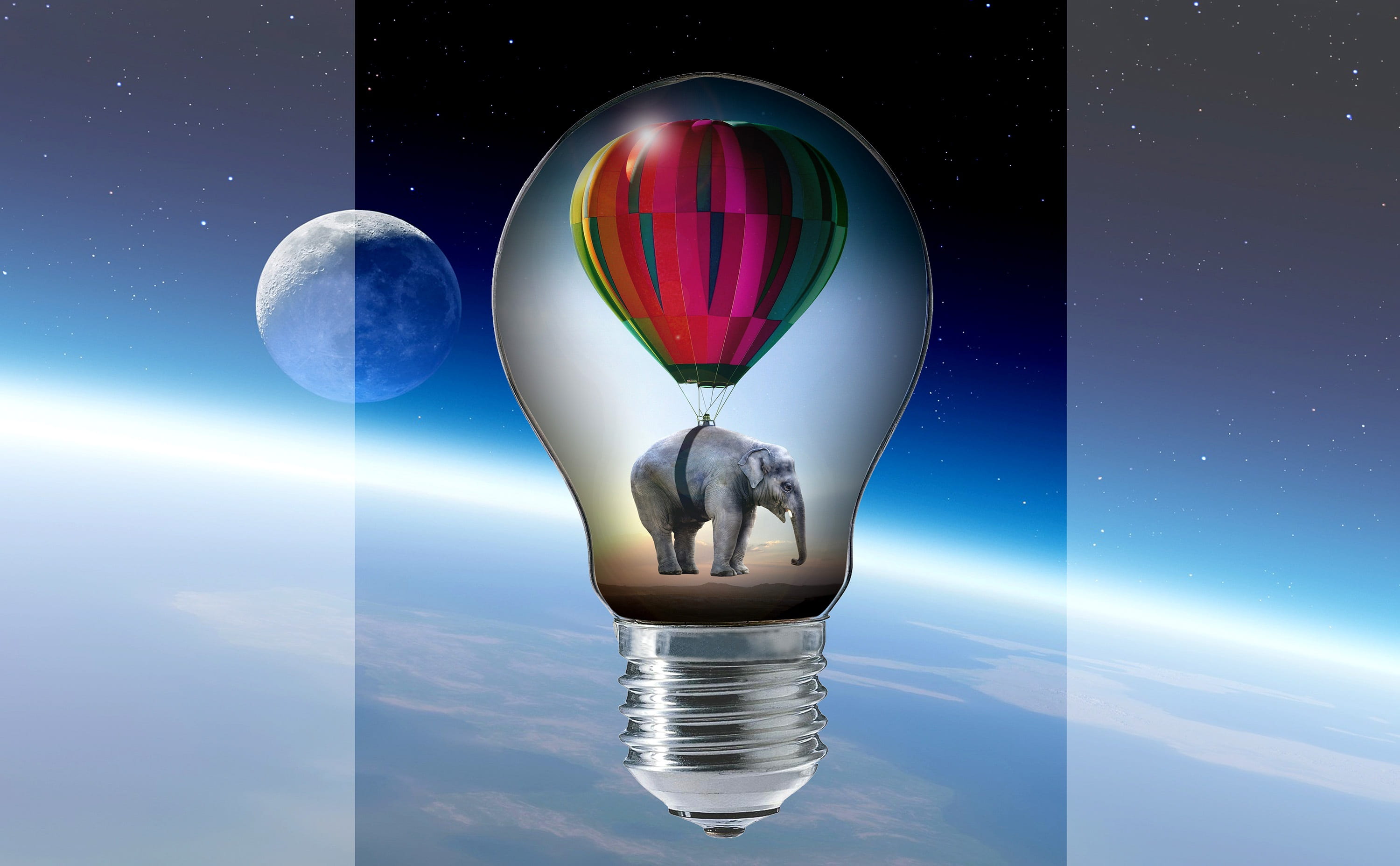 elephant, blue, travel, planet earth, sphere, digital composite, energy, moon, environmentally friendly, studio shot, clouds, light bulb, indoors, light, HD Wallpaper