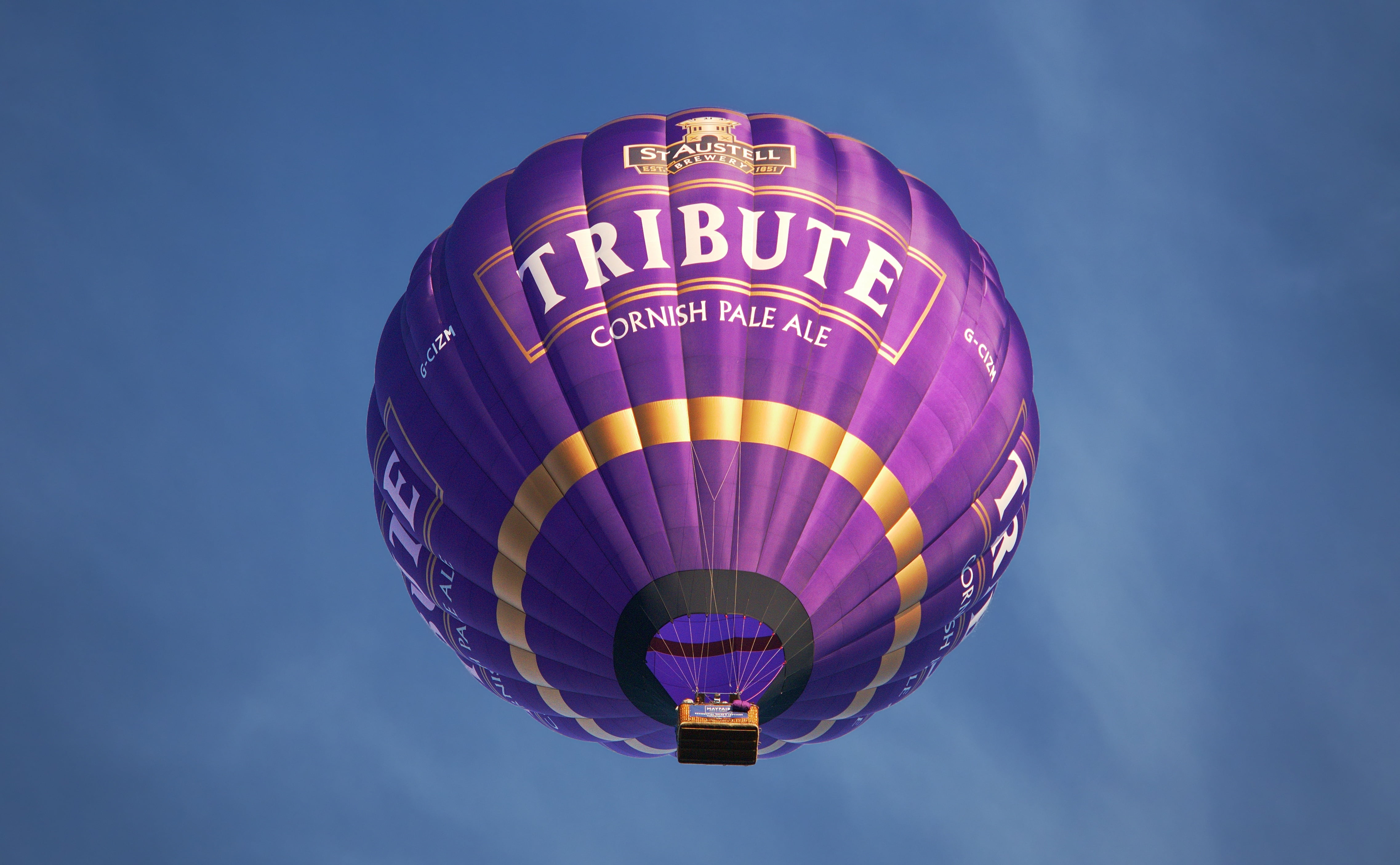 hot Air Balloon, mid-Air, people Traveling, no people, journey, tourism, low angle view, flying, adventure, blue, air Vehicle, purple, sphere, travel, outdoors, HD Wallpaper