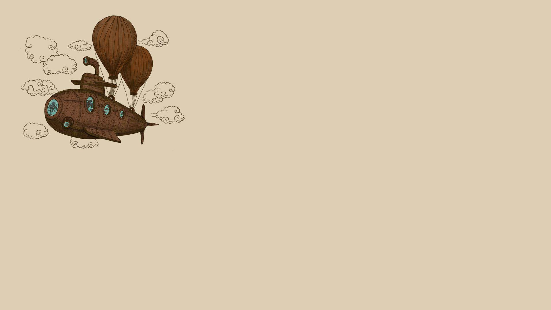 fantastic, 1080P, air, hot, cloud, 1920x1080, balloon, digital art, voyage, illustration, brown, submarine, HD Wallpaper