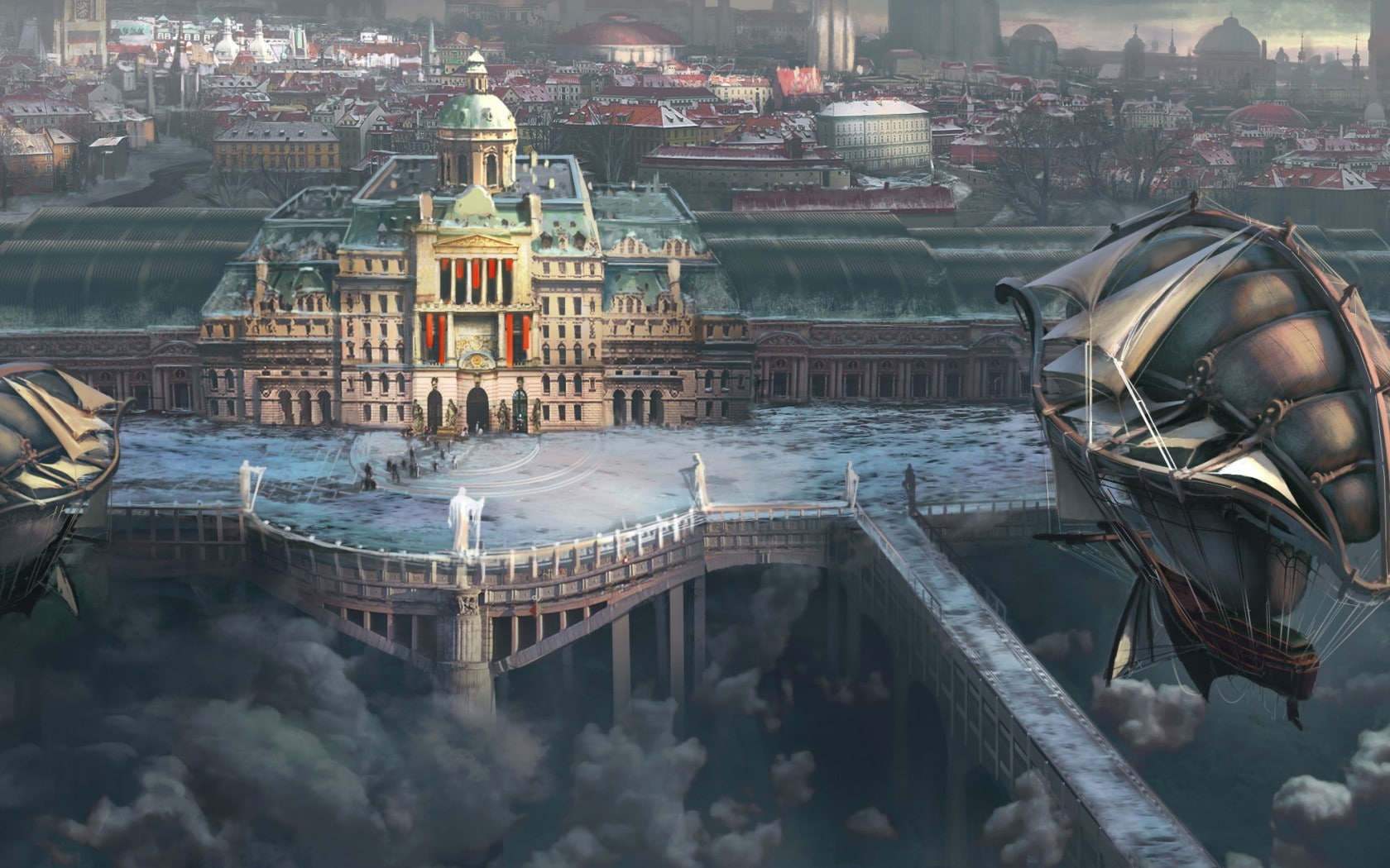 fantasy, buildings, blimp, steampunk, hd, 720P, HD Wallpaper