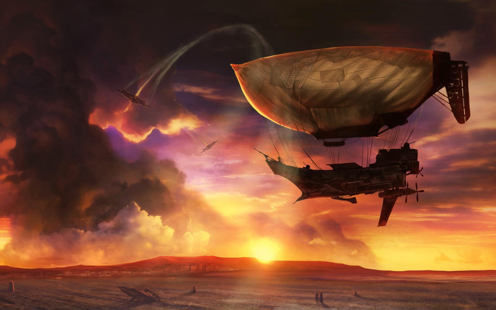 blimp, skyship, beautiful, skyships, clouds, grey, nice, horizon, sunset, ships, pretty, amazing, 1080P, brown, desert, aircraf, HD Wallpaper