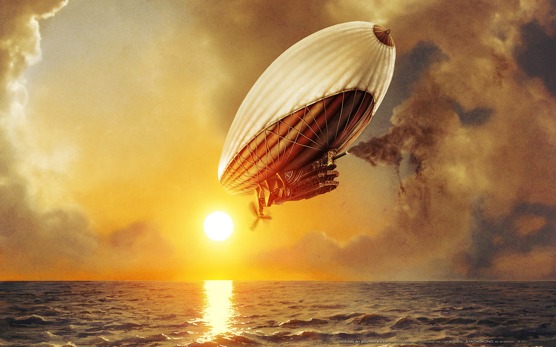 animal wildlife, Steampunk, sky, cloud - sky, flying, sunset, Blimp, scenics - nature, 1080P, sea, horizon over water, ocean, orange color, tranquil scene, HD Wallpaper