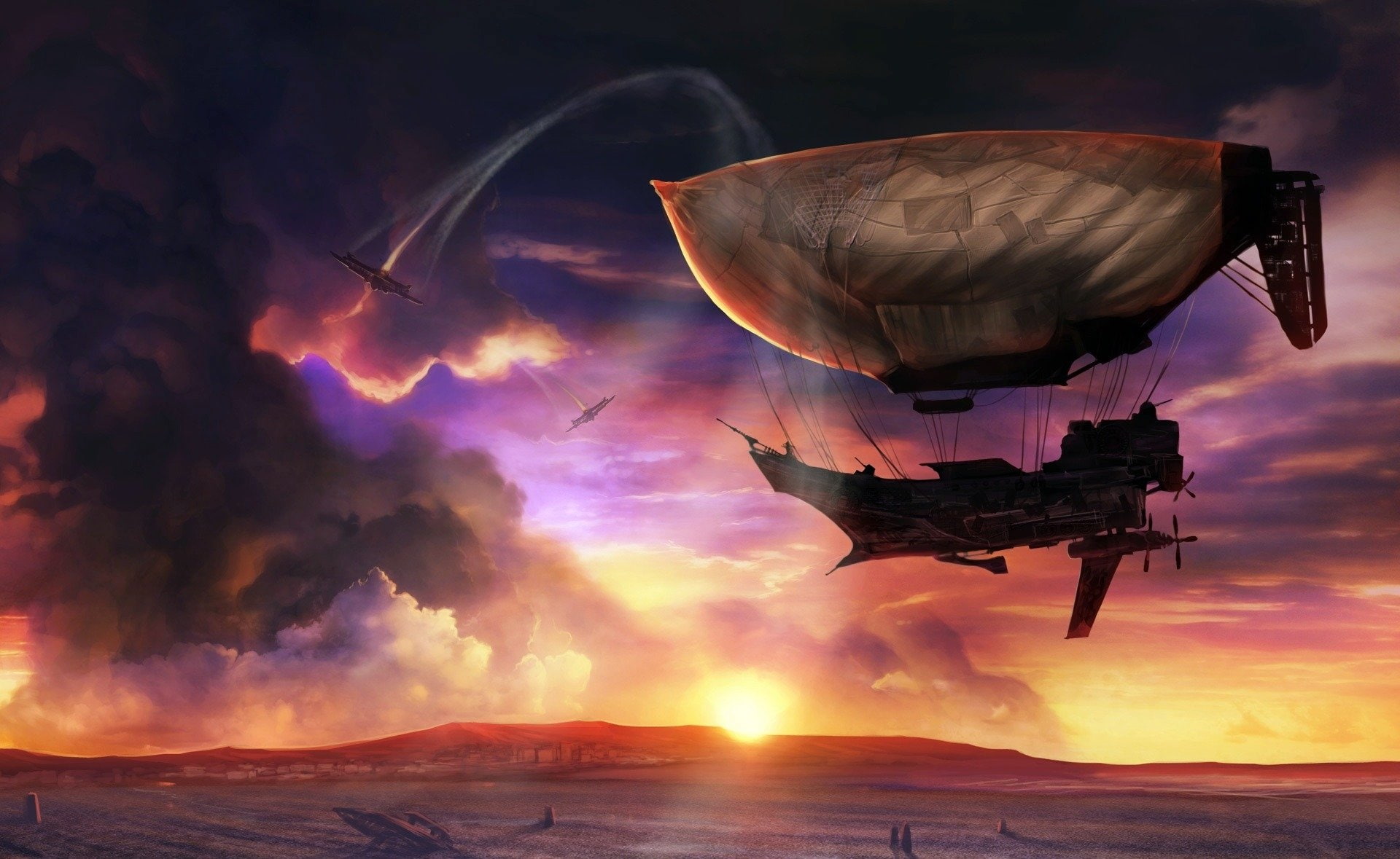 Steampunk, blimp, white, black, Sci Fi, 1080P, HD Wallpaper
