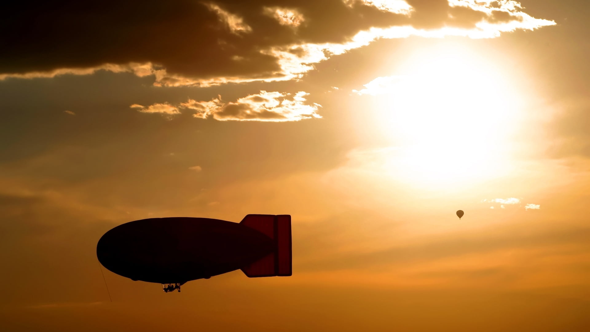 1080P, light, tranquil scene, lighting equipment, hot Air Balloon, silhouette, airship, air Vehicle, air, sky, backgrounds, orange color, outdoors, sign, HD Wallpaper