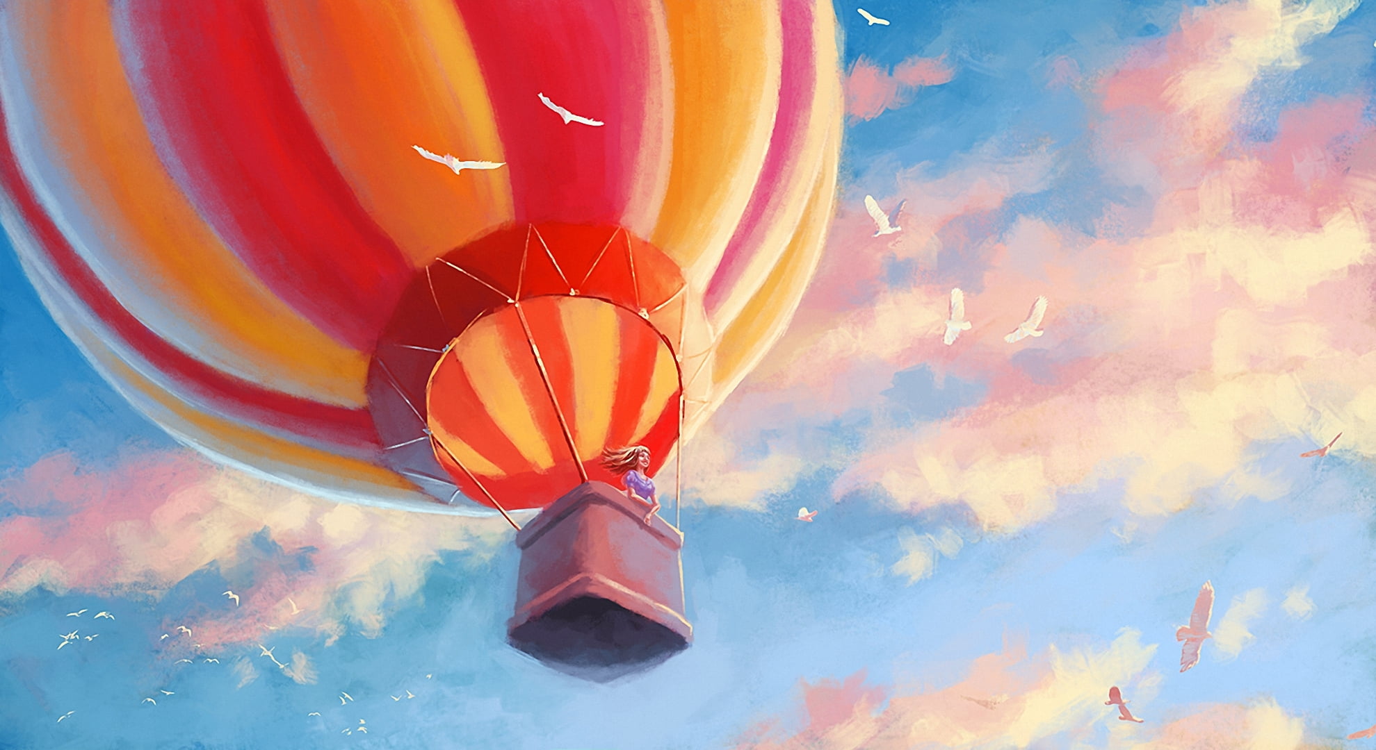 multi Colored, heat - Temperature, girl, sport, basket, illustration, balloon, moving Up, air, art, air Vehicle, mode of transportation, clouds, inflating, HD Wallpaper