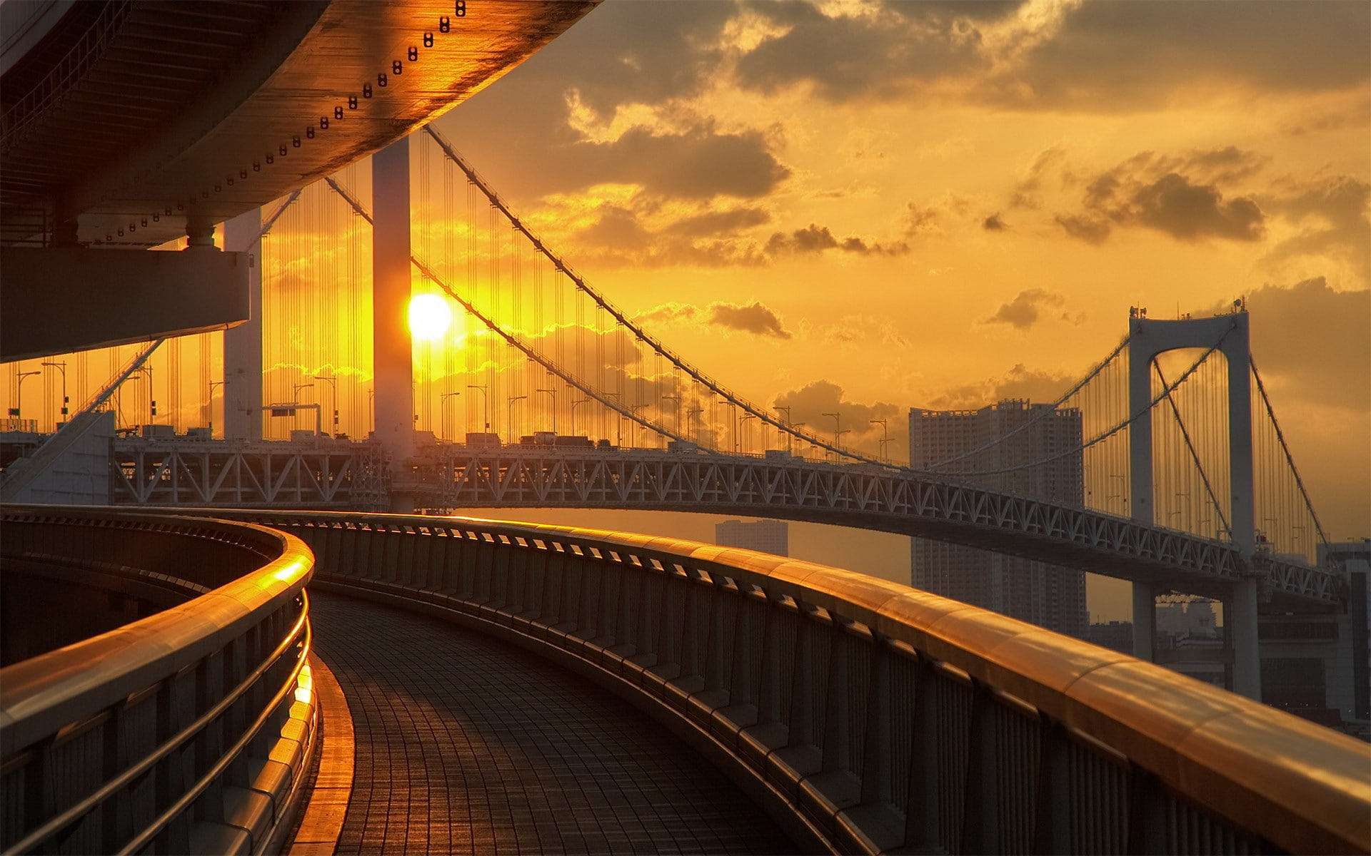 road, sunset, Japan, Tokyo, cityscape, Sun, bridge, 1080P, HD Wallpaper