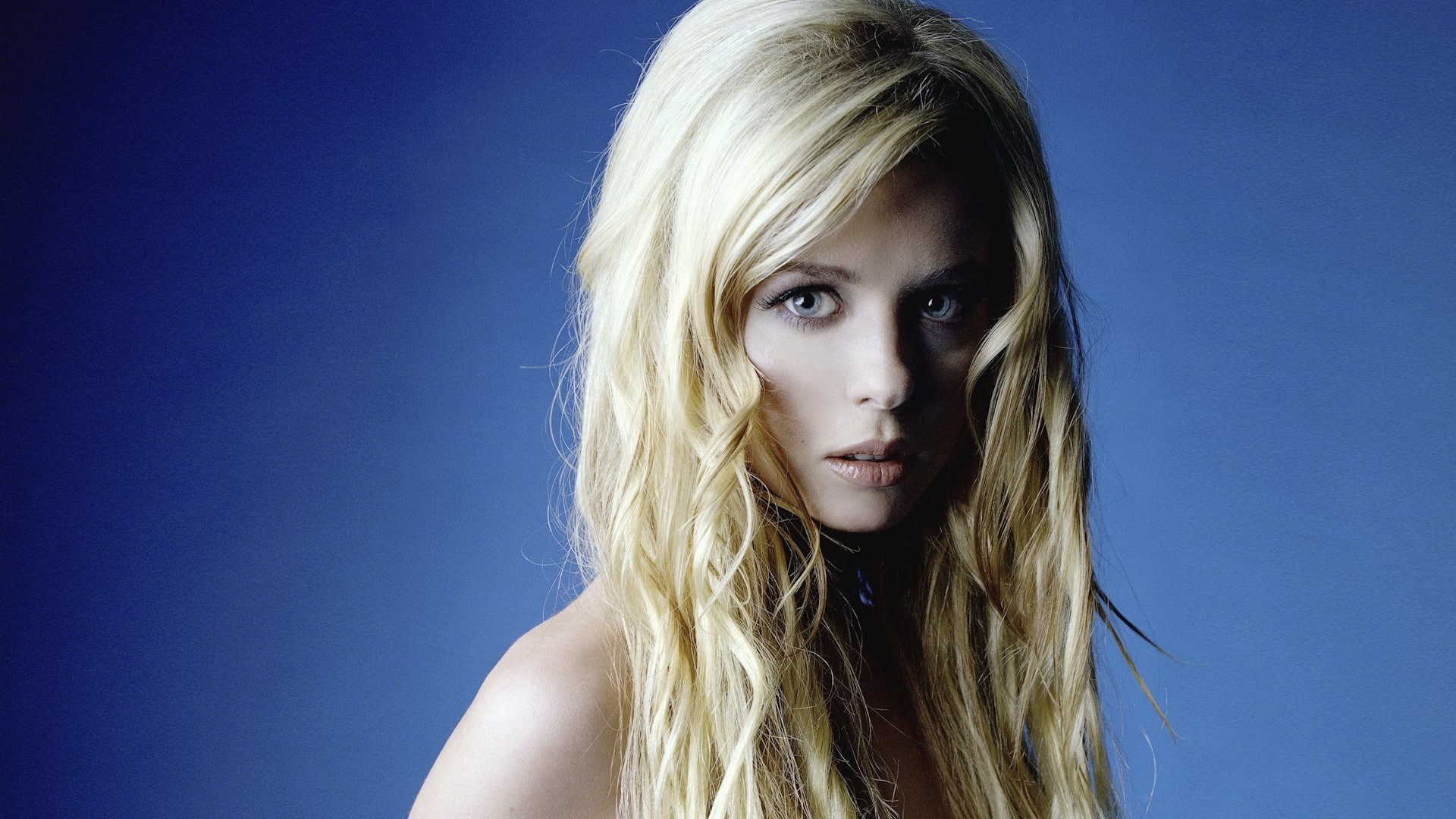 fashion, headshot, blue, tara reid women blonde face, portrait, teenager, beauty, studio shot, women, beautiful people, hairstyle, blue background, human face, HD Wallpaper