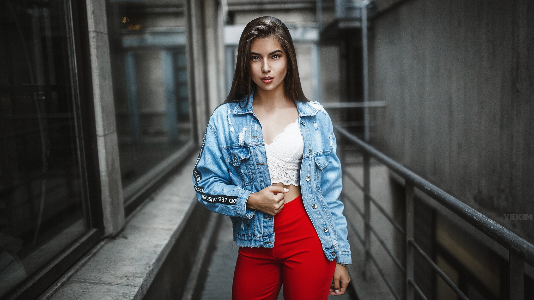 dark hair, jeans jacket, portrait, 1080P, brunette, red pants, women, Mikhail Yekim, model, short tops, HD Wallpaper