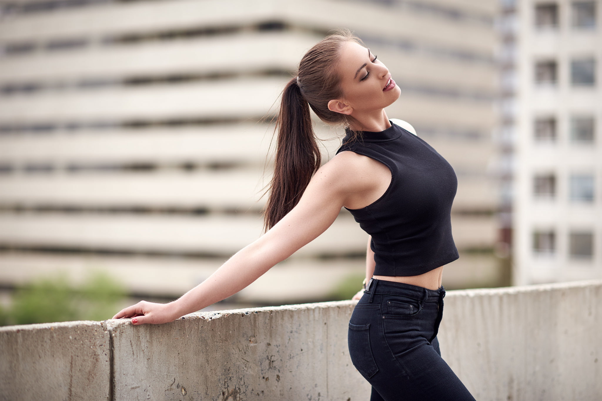 jeans, Public, 1080P, long hair, ponytail, black tops, black outfits, black pants, women, looking away, women outdoors, red nails, brunette, HD Wallpaper