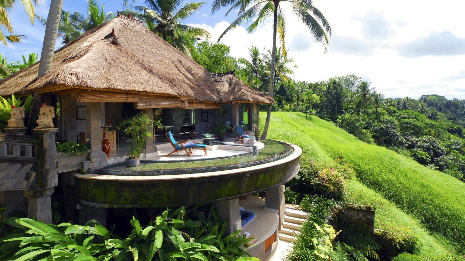 resort, terrace, house, ubud, palm tree, 1080P, tree, plant, day, roof, bali, nature, no people, growth, green color, sky, swimming pool, water, villa, HD Wallpaper