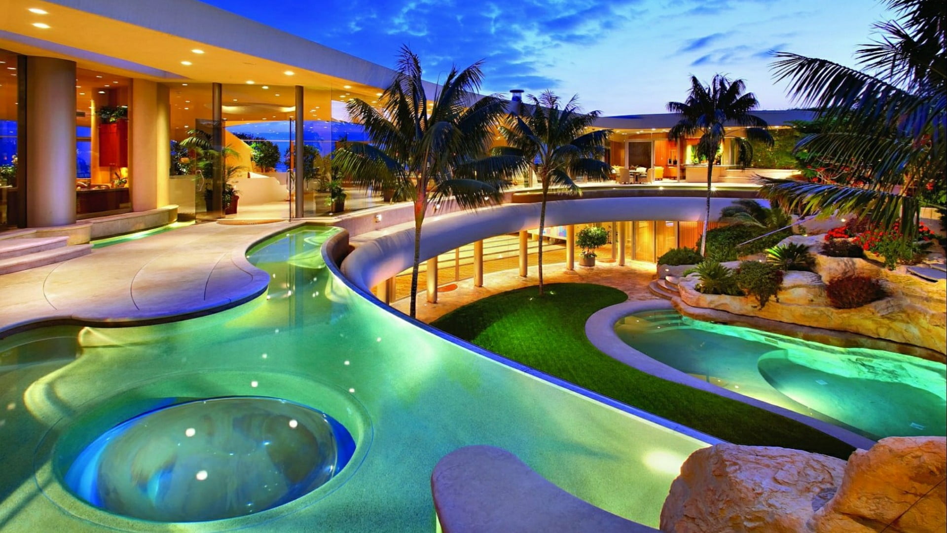 luxury, palm tree, wealth, reflection, tropical climate, building exterior, plant, travel destinations, swimming pool, water, outdoors, resort, architectural column, HD Wallpaper