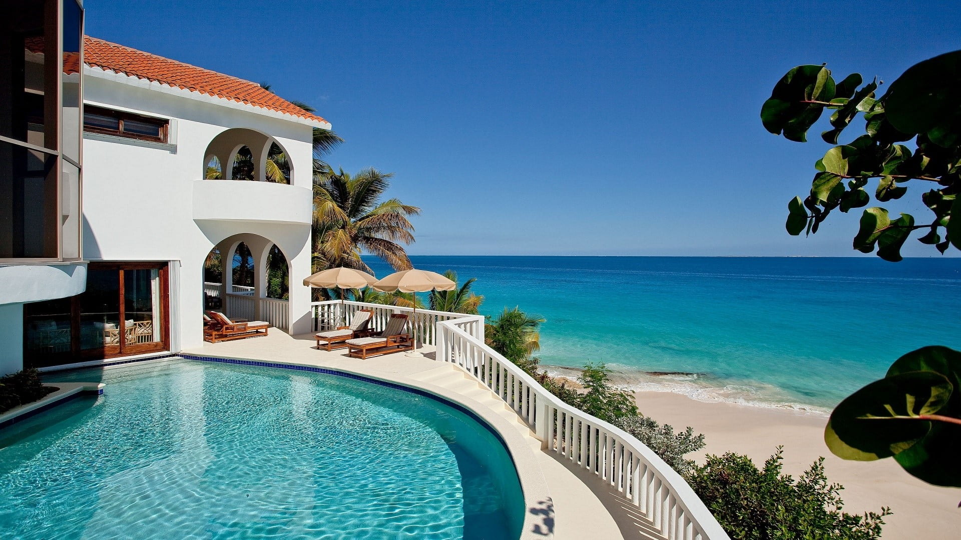Hacienda, luxury, nature, Beach, tourist resort, palm tree, trip, Sea, beauty in nature, vacations, built structure, travel destinations, 1080P, outdoors, HD Wallpaper
