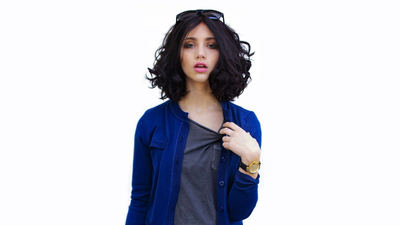 720P, women, blue eyes, Emily Rudd, brunette, blue clothing, white background, HD Wallpaper