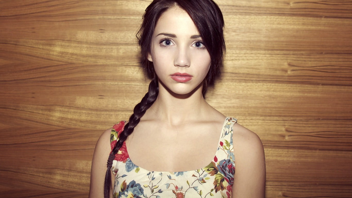 close-up, fashion, dress, hair, adult, 720P, eyes, one person, Emily Rudd, women, floral pattern, indoors, braids, actress, brunette, long hair, beauty, HD Wallpaper