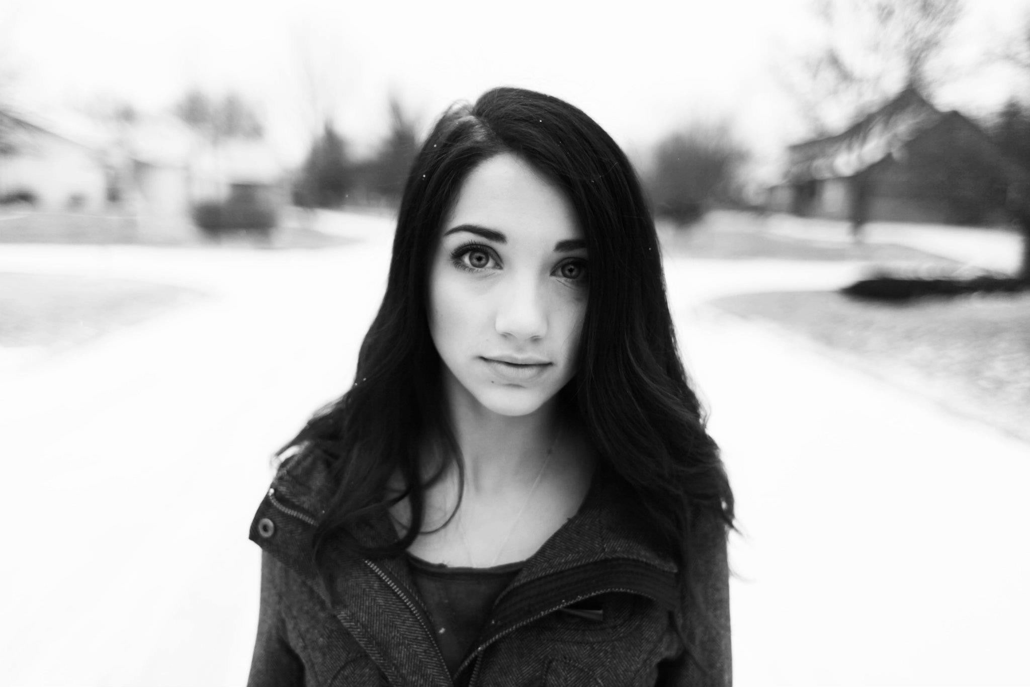 looking at viewer, long hair, one person, jacket, young adult, young women, hair, smiling, leisure activity, celebrity, monochrome, black hair, women outdoors, HD Wallpaper