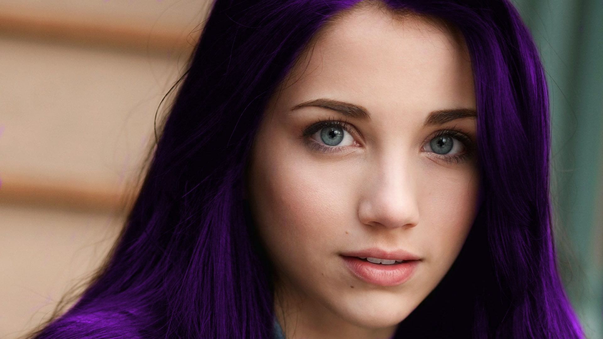 model, photo manipulation, long hair, women, purple hair, 1080P, portrait, face, blue eyes, open mouth, looking at viewer, Emily Rudd, HD Wallpaper