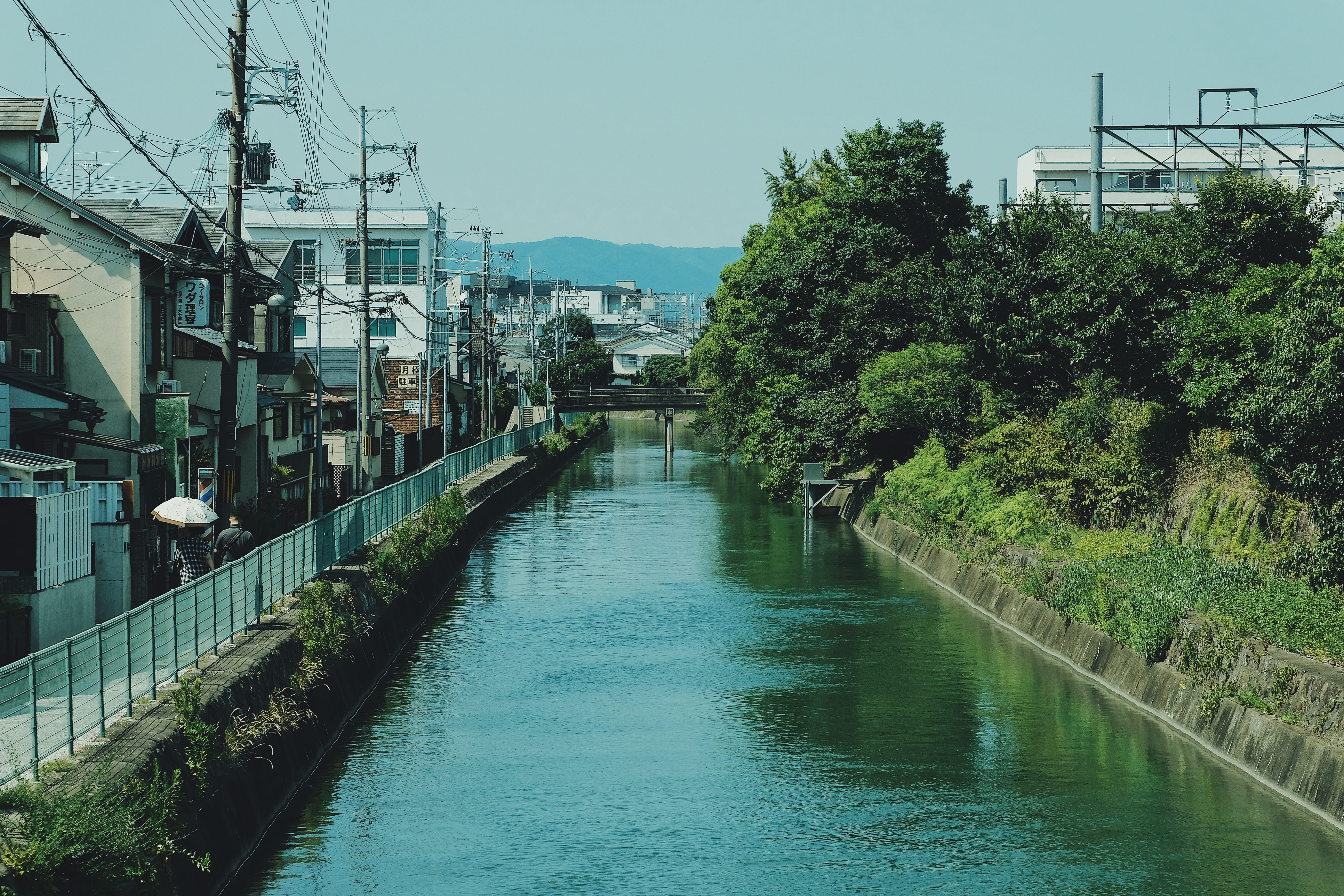 power supply, electricity, building, residential district, tree, waterfront, kyoto, city, diminishing perspective, sky, built structure, connection, water, HD Wallpaper