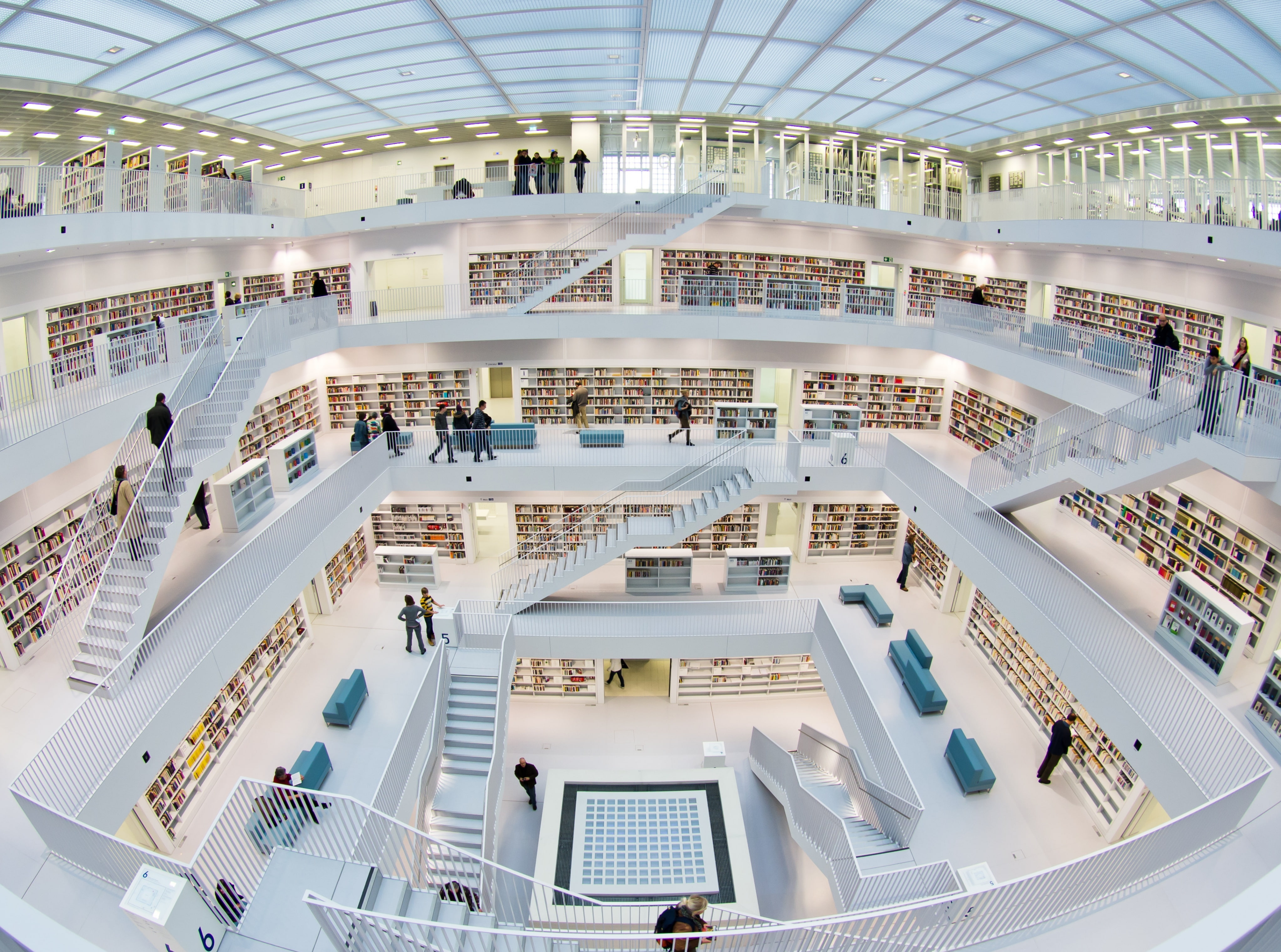 Pentax, large group of people, indoors, shopping mall, travel destinations, Fisheye, modern, bibliothek, a2f26, steps and staircases, Europe, 4K, badenwurttemberg, HD Wallpaper
