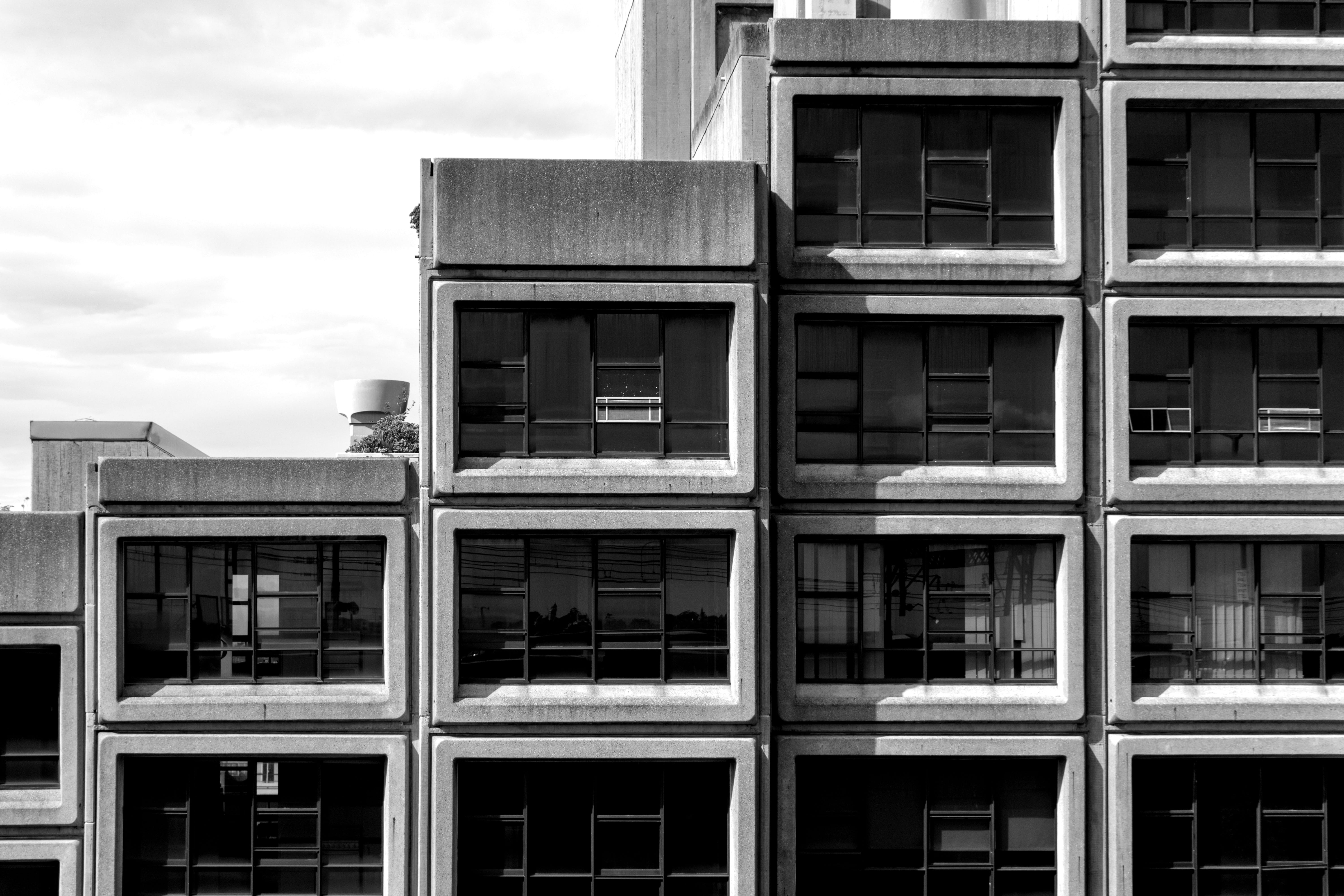 architecture, window, shadows, sunlight, home decor, brutalist, city, horizontal, nature, australia, urban, black and white, cloud - sky, building exterior, HD Wallpaper