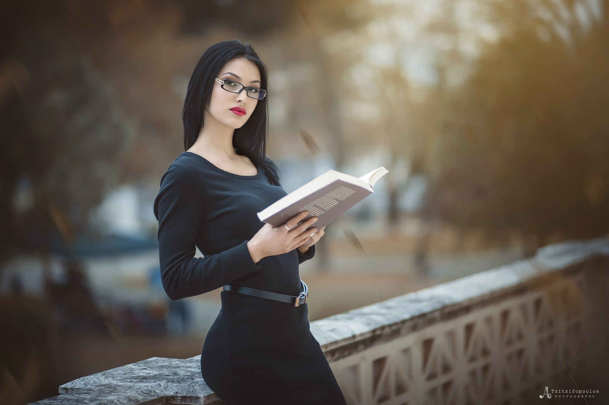 books, portrait, women with glasses, black hair, model, 1080P, women outdoors, women, black dress, Agelos Tzitzifopoulos, HD Wallpaper