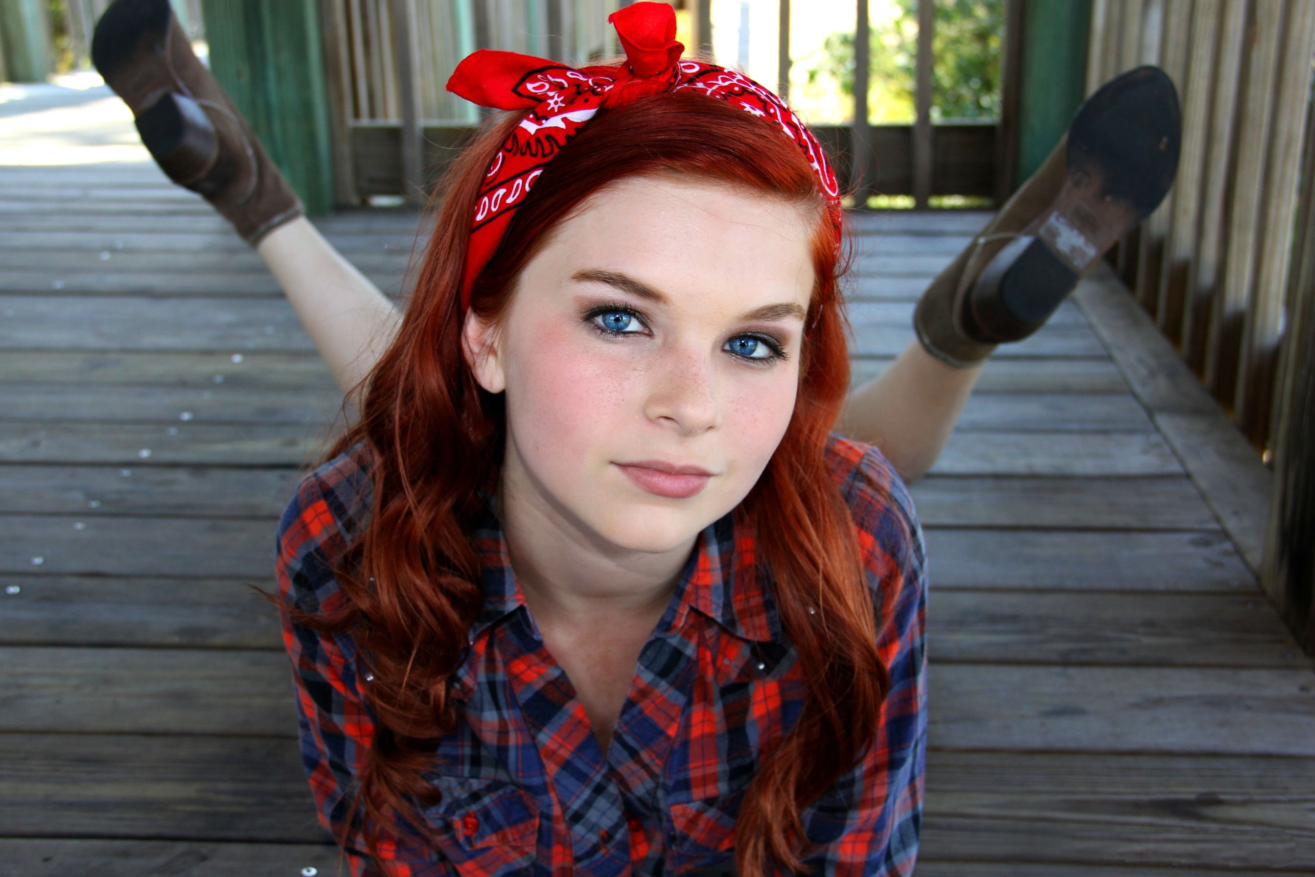 surface, looking, boots, shirt, wooden surface, redhead, looking at viewer, 2K, model, long hair, scarf, karoline, women, balconies, freckles, kate, hair, HD Wallpaper