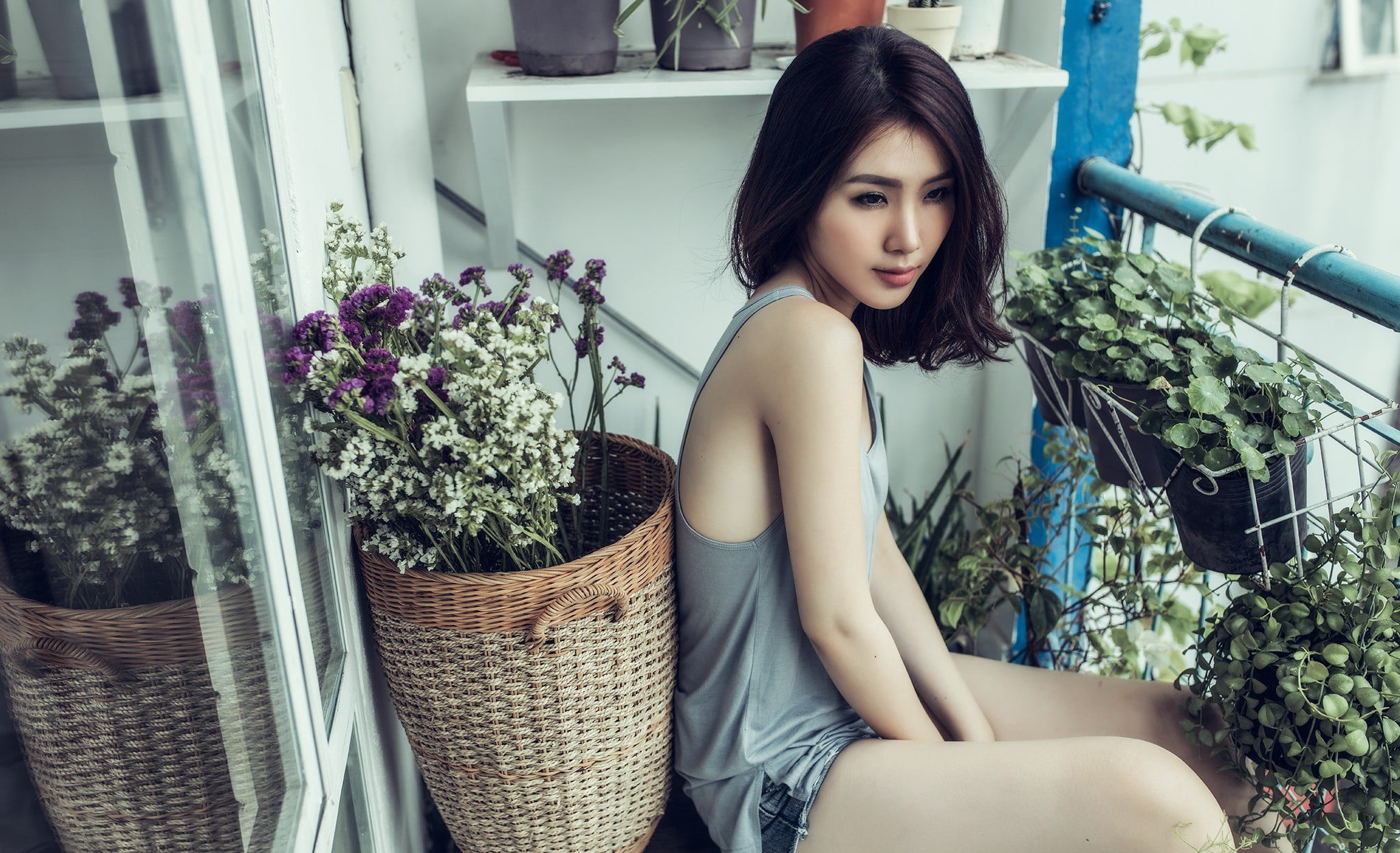 adult, young women, dark hair, Asian, beautiful woman, hairstyle, looking at camera, flowers, beauty, face, photography, hair, fashion, lifestyles, casual clothing, HD Wallpaper