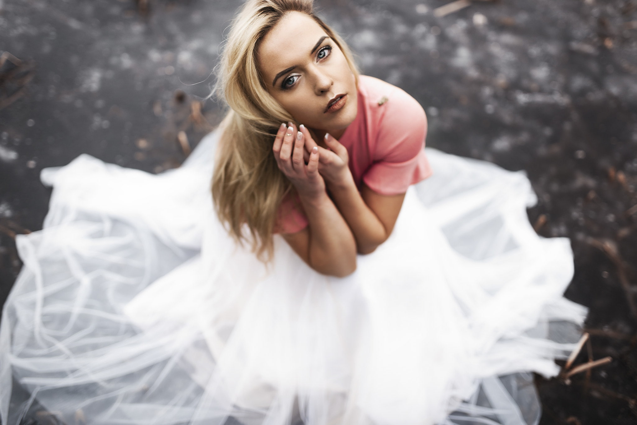 women, hands in hair, model, 1080P, Janis Balcuns, blonde, looking at viewer, dress, 500px, HD Wallpaper