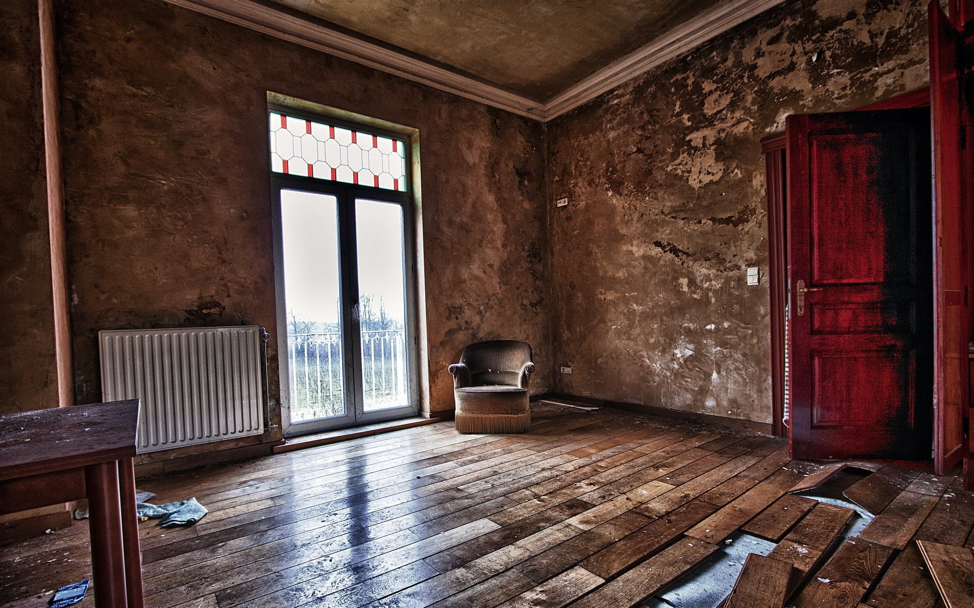 interior, wooden floor, architecture, dirt, 1080P, abandoned, wooden surface, HD Wallpaper