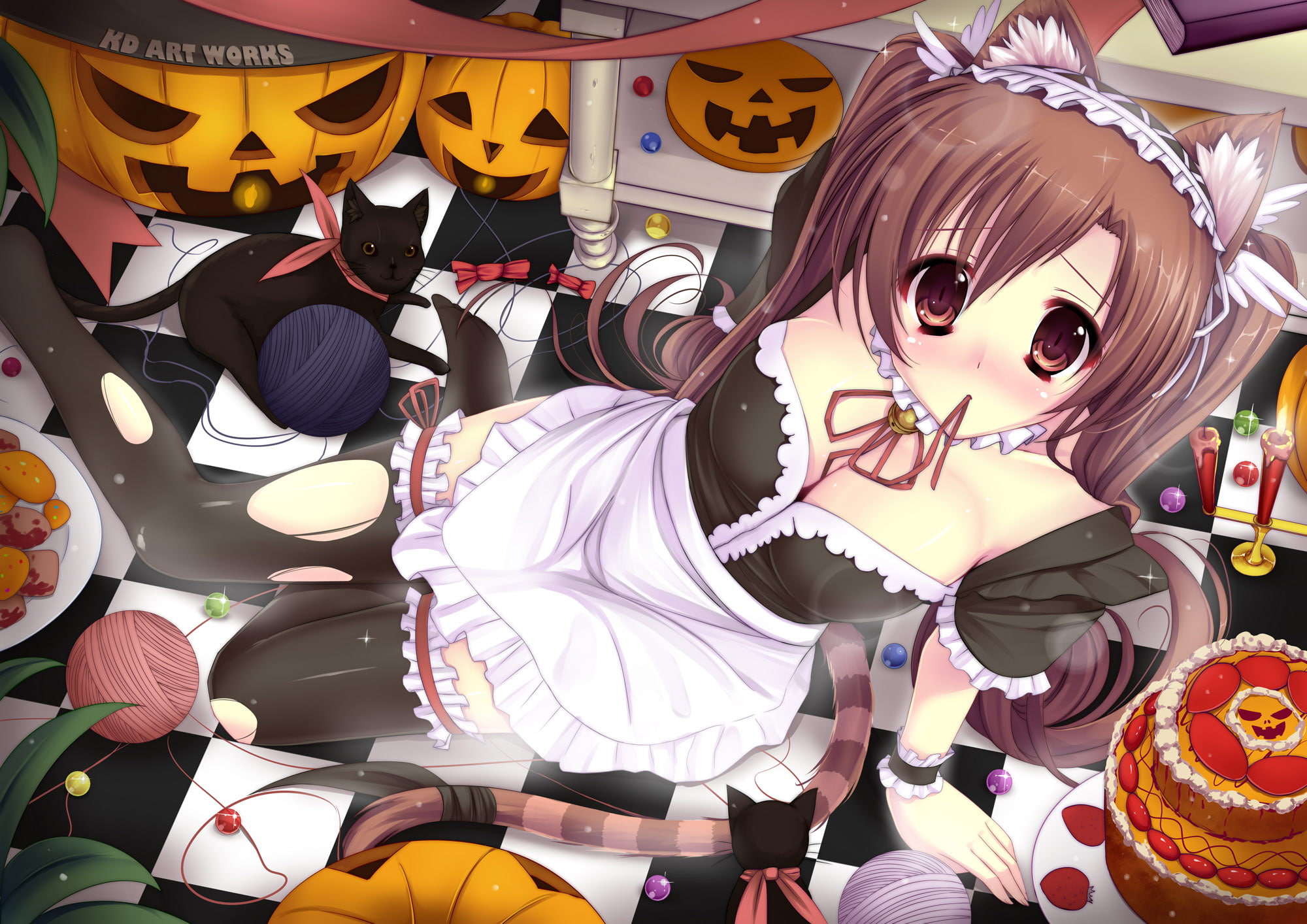 animal, blush, halloween, cat, thighhighs, original, maid, caidychen, ears, tail, 1080P, cleavage, cake, HD Wallpaper
