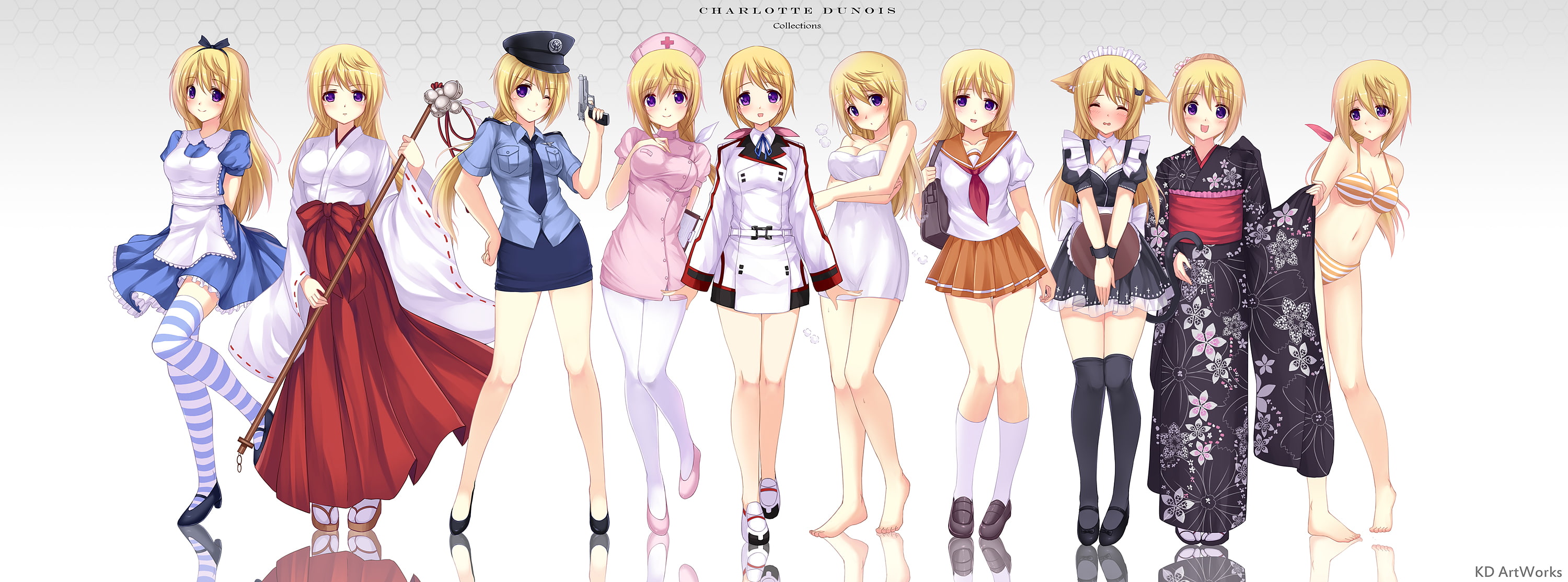 miko, caidychen, white, swimsuit, thighhighs, cosplay, stratos, blonde, towel, catgirl, animal, charlotte, ears, dunois, seifuku, nurse, infinite, 2K, HD Wallpaper