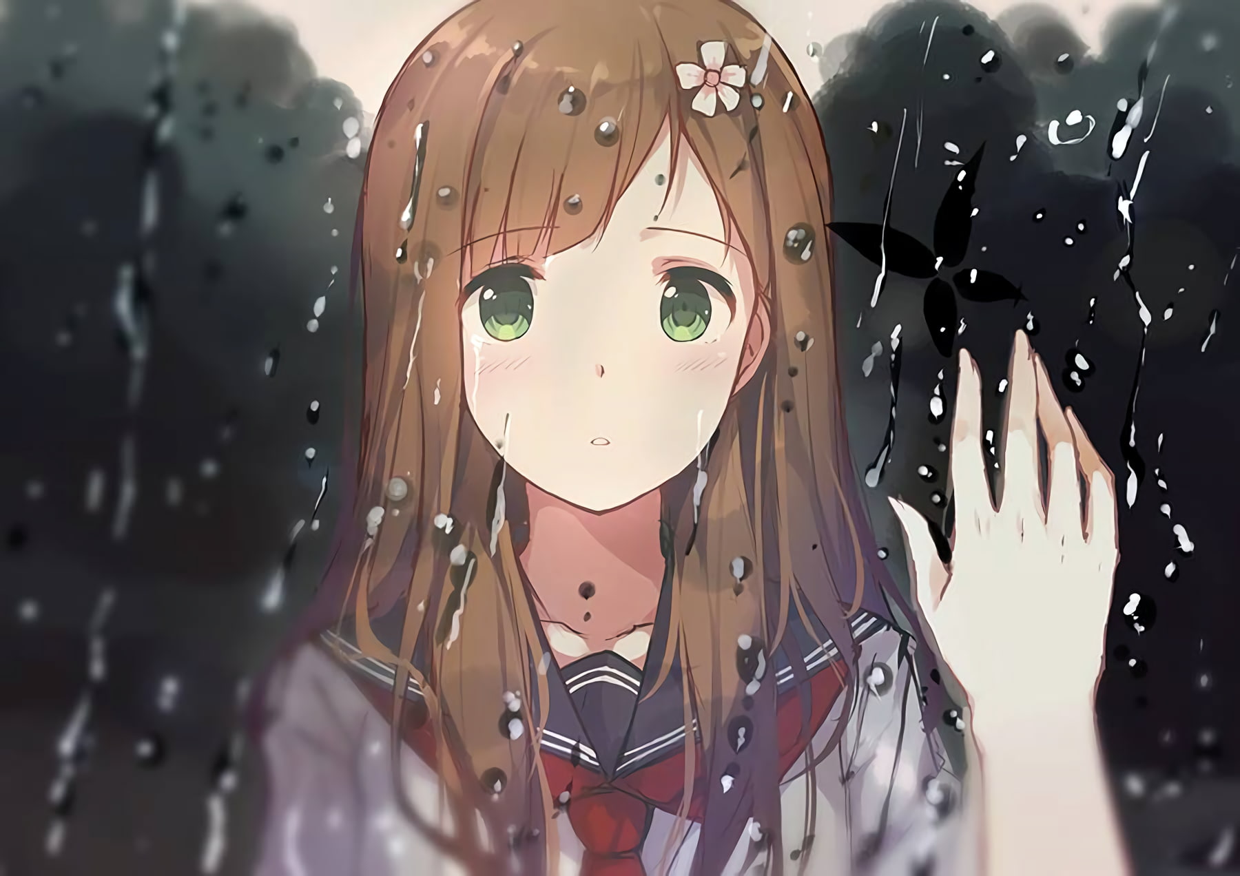 waifu2x, 720P, original, tears, caidychen, close, brown, hair, long, blush, seifuku, green, reflection, eyes, HD Wallpaper