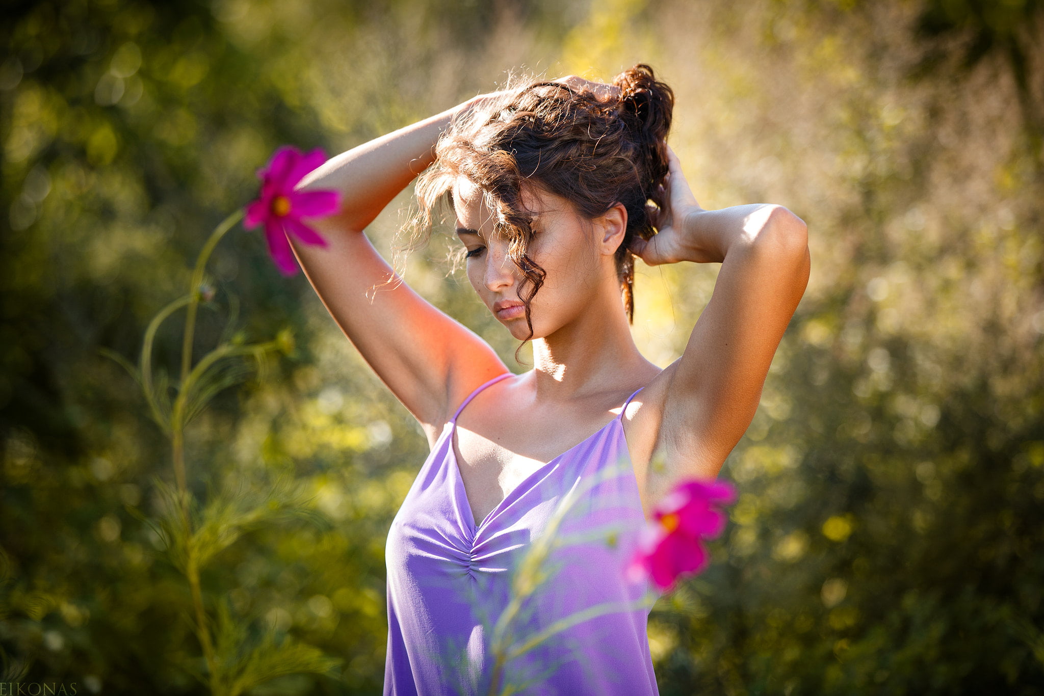 plants, flowers, women, arms up, Eikonas, 1080P, dress, women outdoors, model, standing, HD Wallpaper