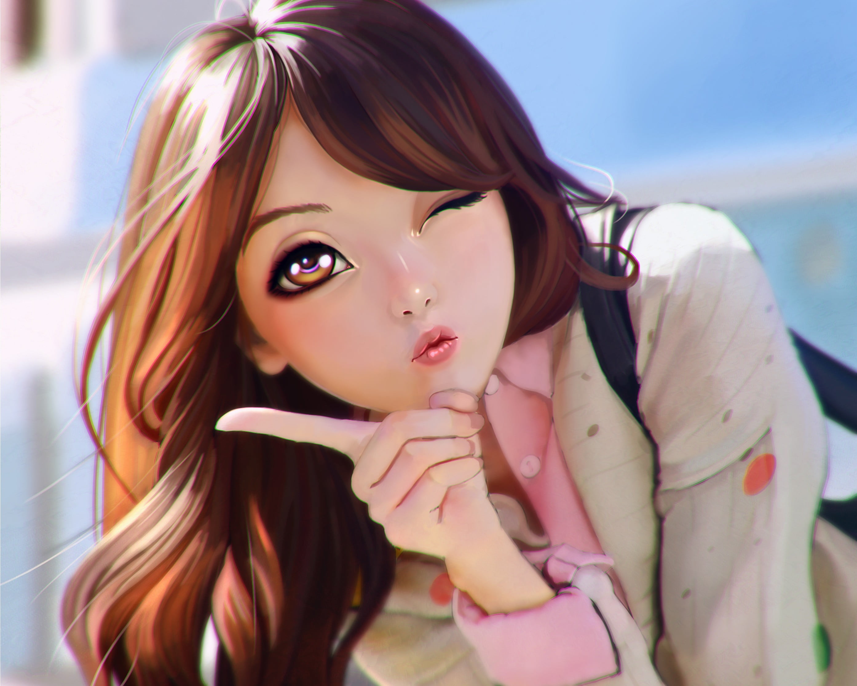 anime girls, young adult, bangs, day, looking at camera, contemplation, winking, women, long hair, focus on foreground, 2K, original characters, teenager, HD Wallpaper