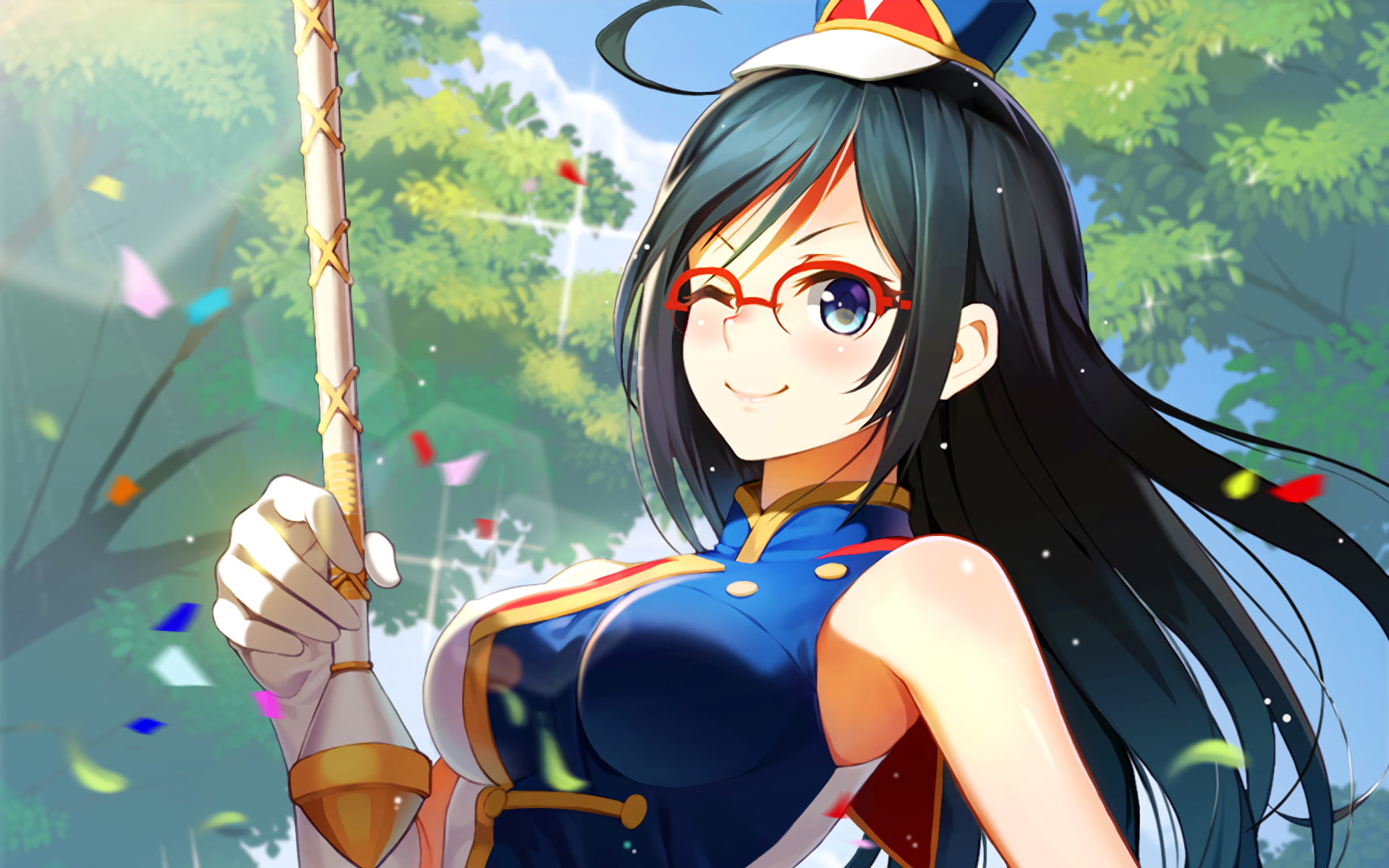 nature, glasses, close-up, Anime, tanaka asuka, sunlight, summer, 1080P, Hibike! Euphonium, representation, looking at camera, amusement park, focus on foreground, HD Wallpaper