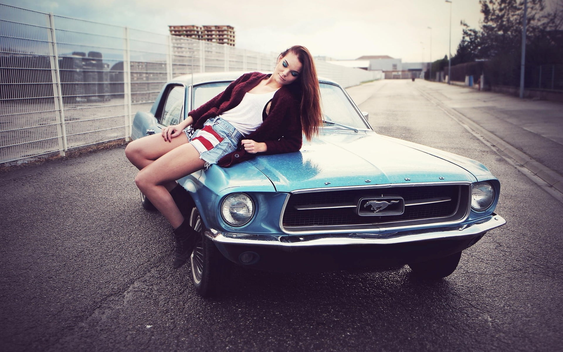transportation, young adult, tank top, real people, teenager, redhead, shorts, full length, young women, mustang, road, outdoors, sweater, lifestyles, women with cars, HD Wallpaper