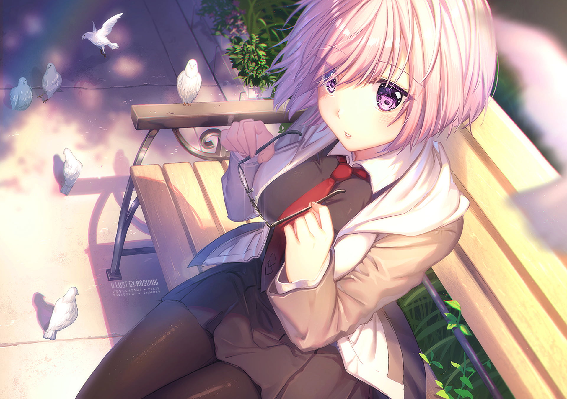 one person, women, childhood, sunlight, park bench, looking at camera, Fate/Grand Order, day, high angle view, plant, hairstyle, outdoors, child, leisure activity, HD Wallpaper