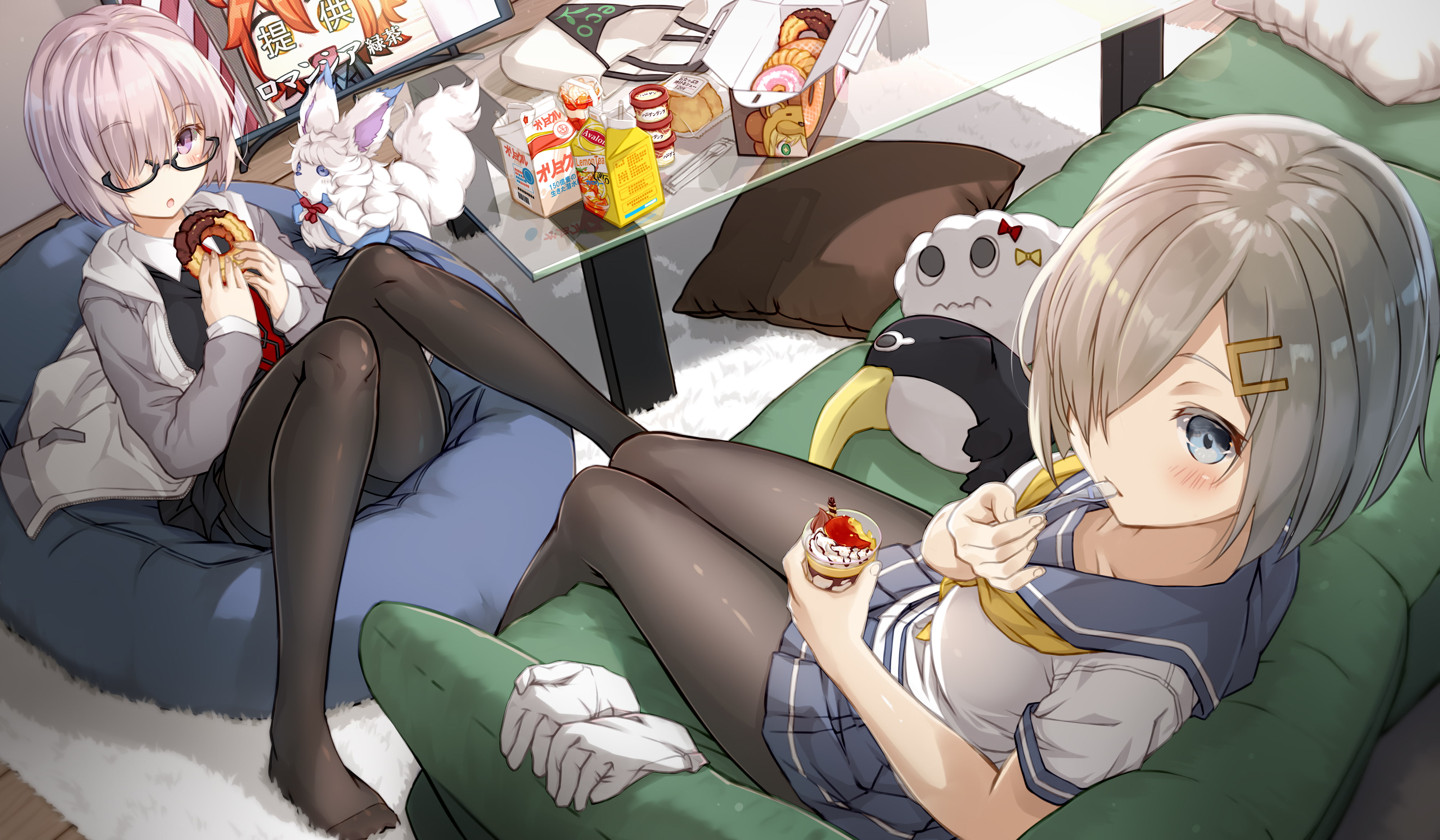 4K, Shielder (Fate/Grand Order), couch, sitting, anime girls, glasses, Hamakaze (KanColle), anime, stuffed animal, Pudding, sailor uniform, stockings, HD Wallpaper